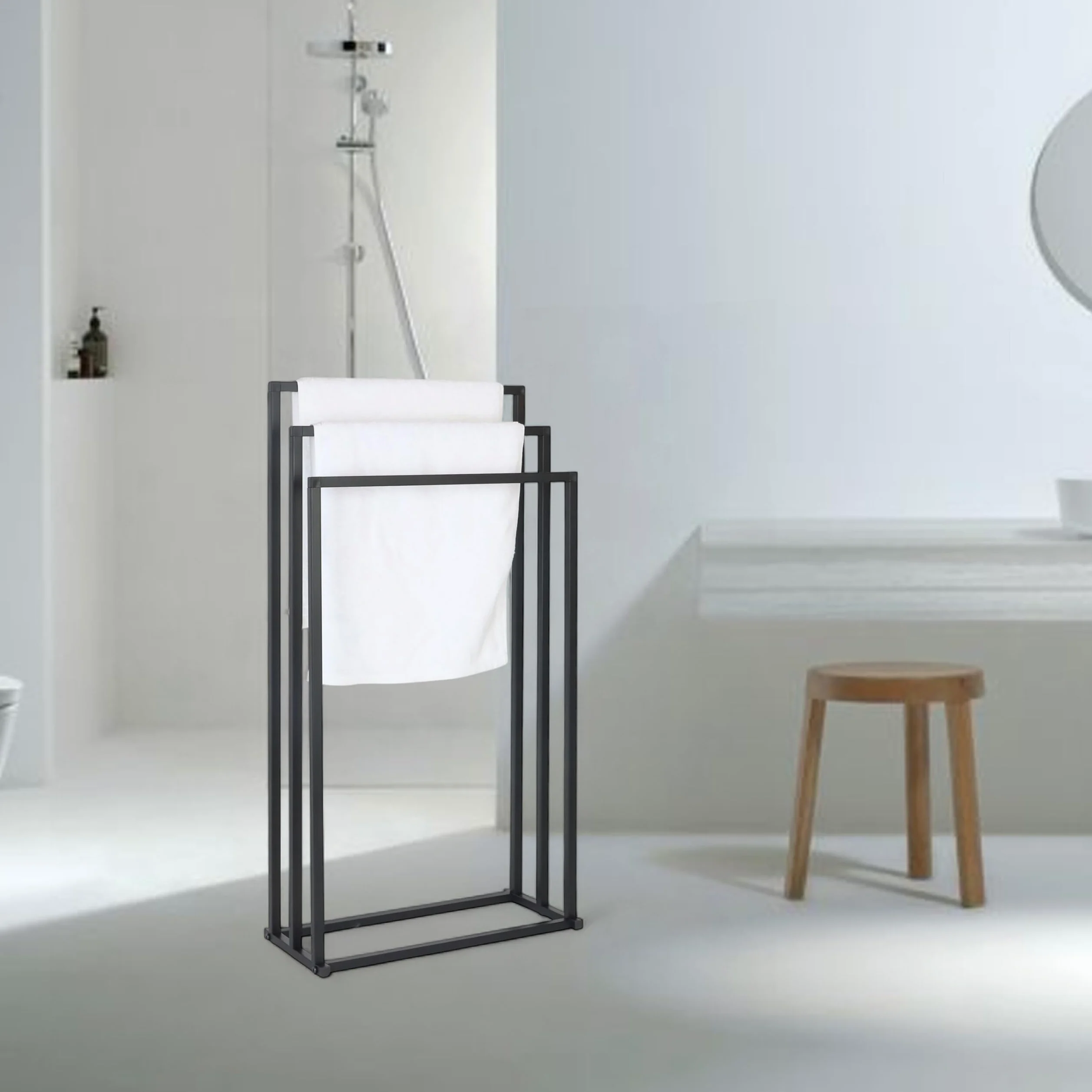 Relaxdays Portasciugamani, AxLxP: 84 x 44 x 21,5 cm, Metallo, 3 aste, da Terra, Bagno, Nero, da