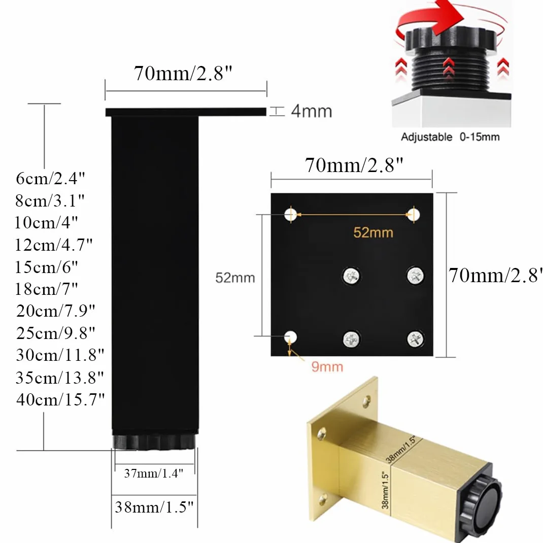 Generico Gambe per Mobili in Oro Set di 4 Piedini da Cucina Quadrati Regolabili in Altezza: 6-40 cm Gambe per Divani in Lega di Alluminio Gambe per Tavoli - 35 cm/13,8 Pollici