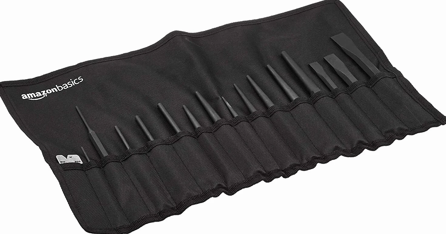 Amazon Basics Set di 16 punzoni e scalpelli in robusto acciaio al cromo vanadio con custodia