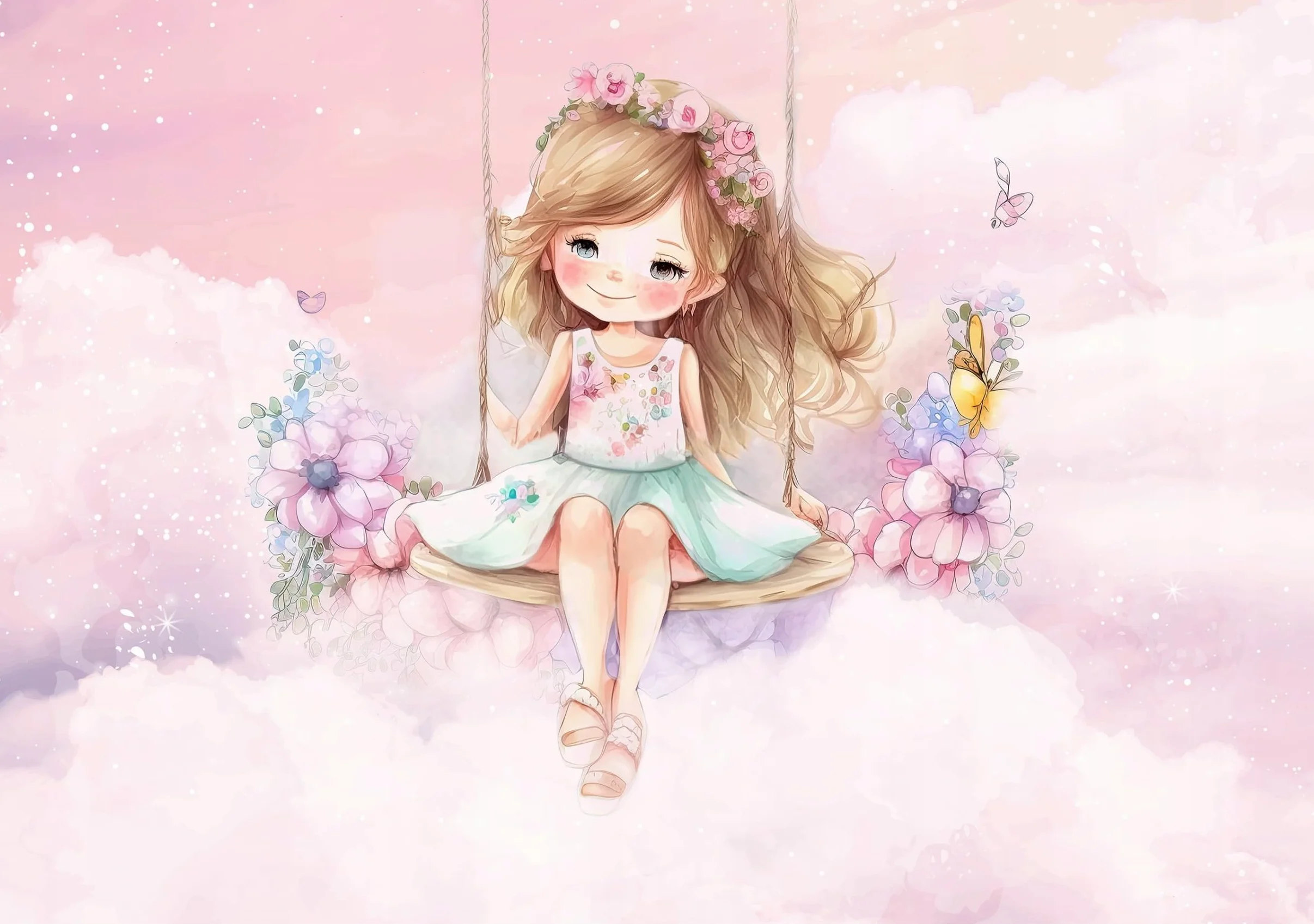 WallArena - Carta da parati fotografica per bambini - Nuvole 400x280 cm - Carta da parati fotografica - Per la cameretta dei bambini - Effetto 3D - con Colla - Ragazza del Paradiso Rosa