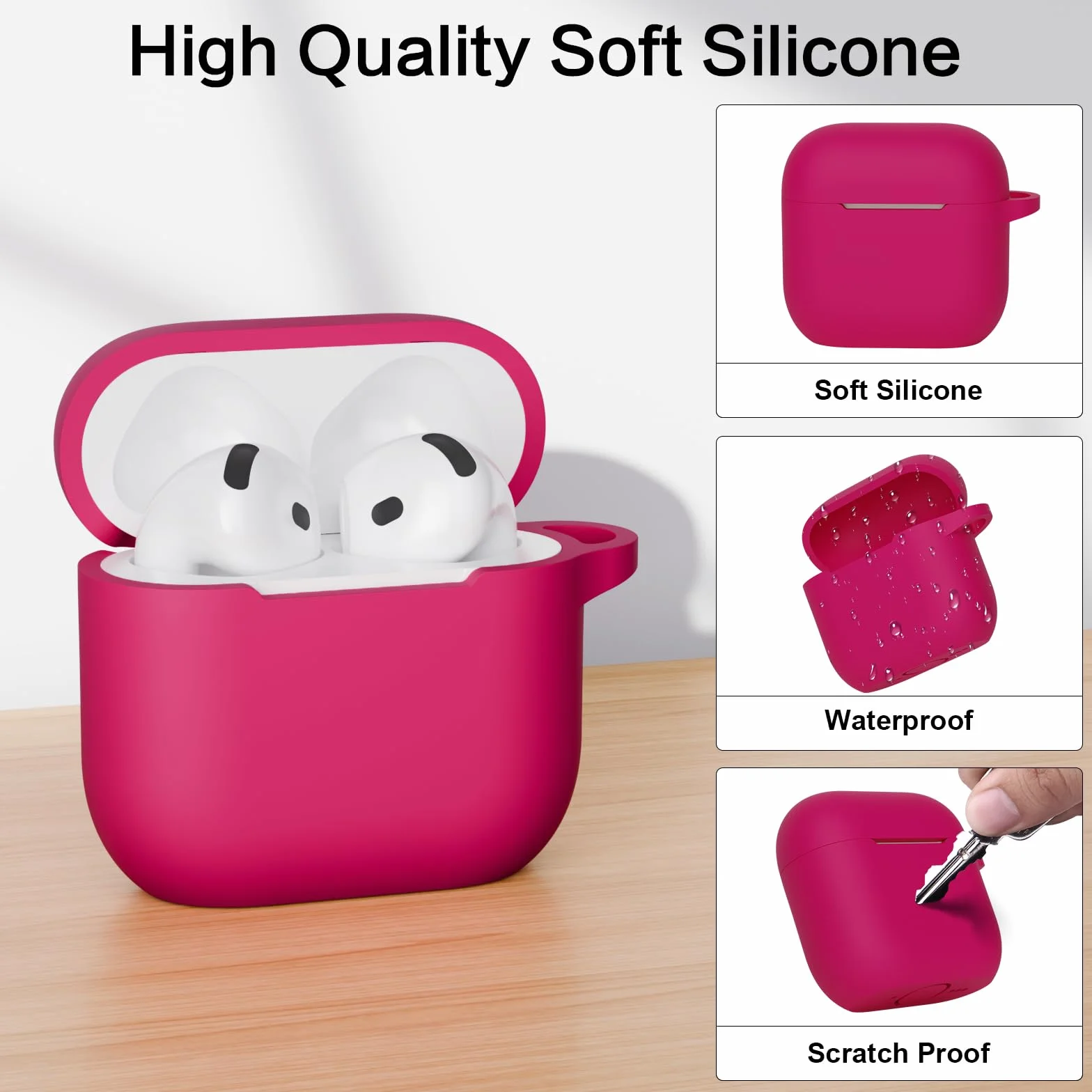 Compatibile con AirPods 4 Custodia Case Cover, Case Protettiva Antiurto Antiscivolo in Silicone per AirPods 4a Generazione (2024) (USB-C) Custodia con Moschettone, Rose Pink