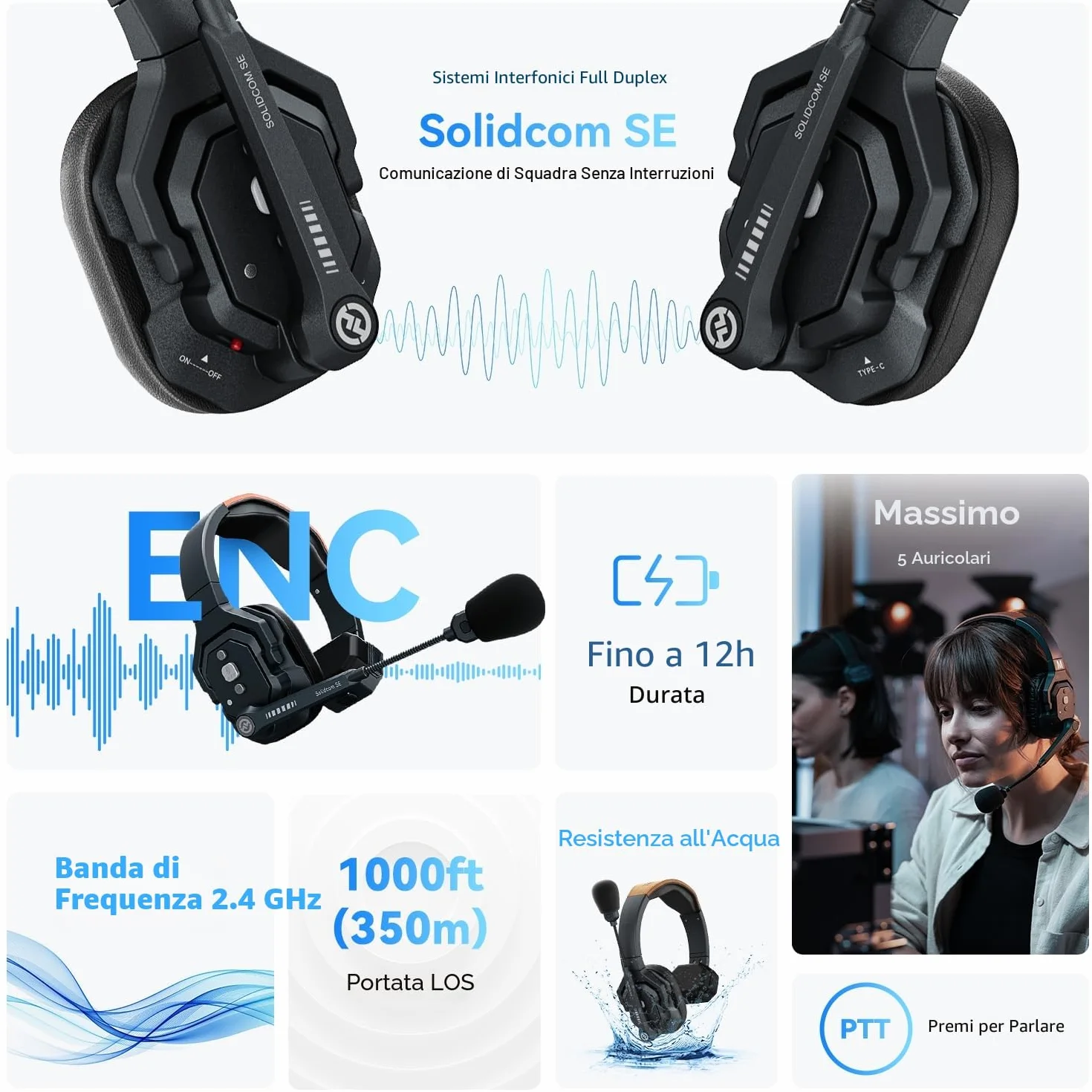 Hollyland Solidcom SE 2.4G Wireless Intercom Headset System Full Duplex 2 User ENC Noise Cancellation 350 m Team Communication with PTT Mute Single Ear Headset for TV Film Production Drone (SE-2S)