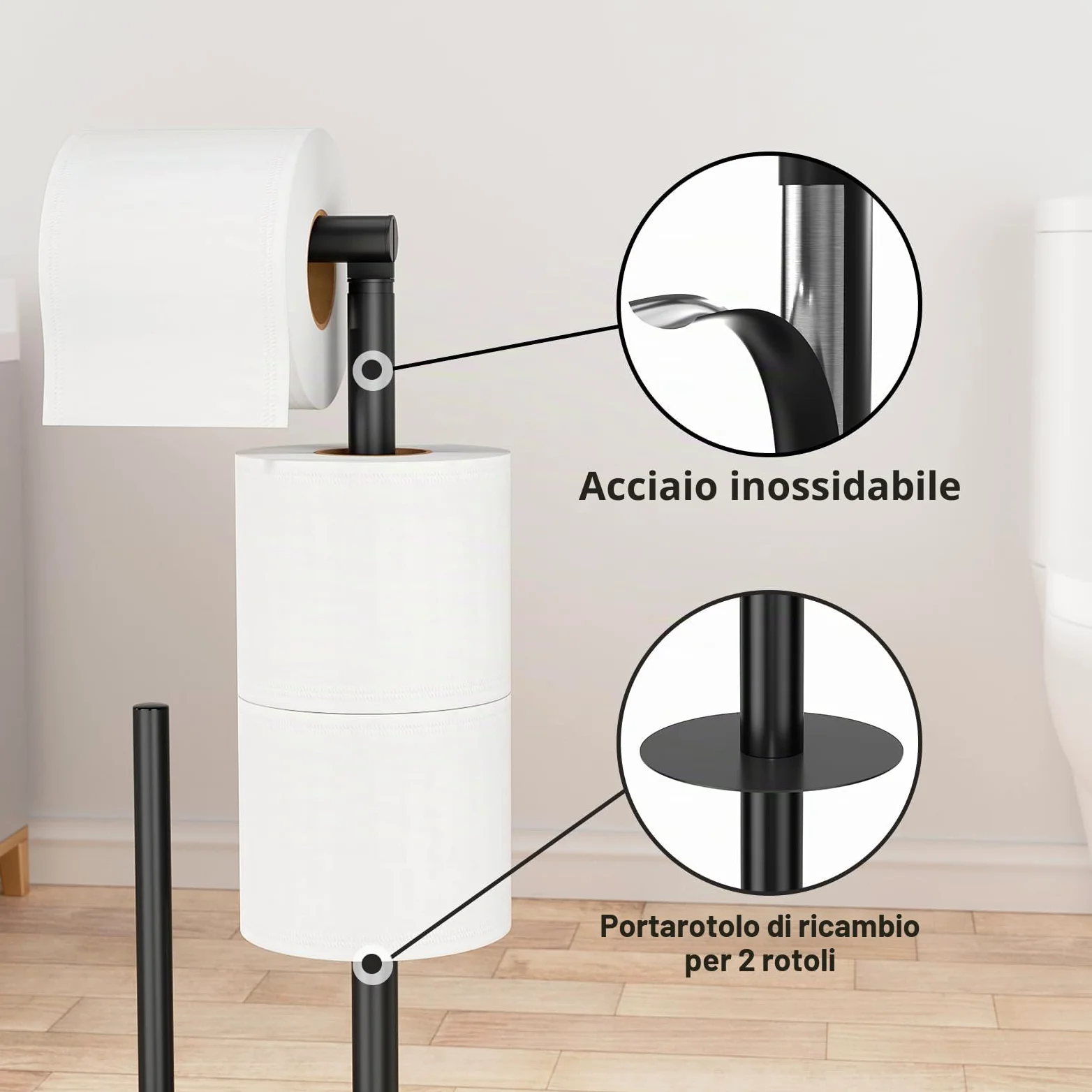 Porta carta igienica in acciaio inox per wc, con scopino - Carta igienica in piedi, porta rotolo nero opaco