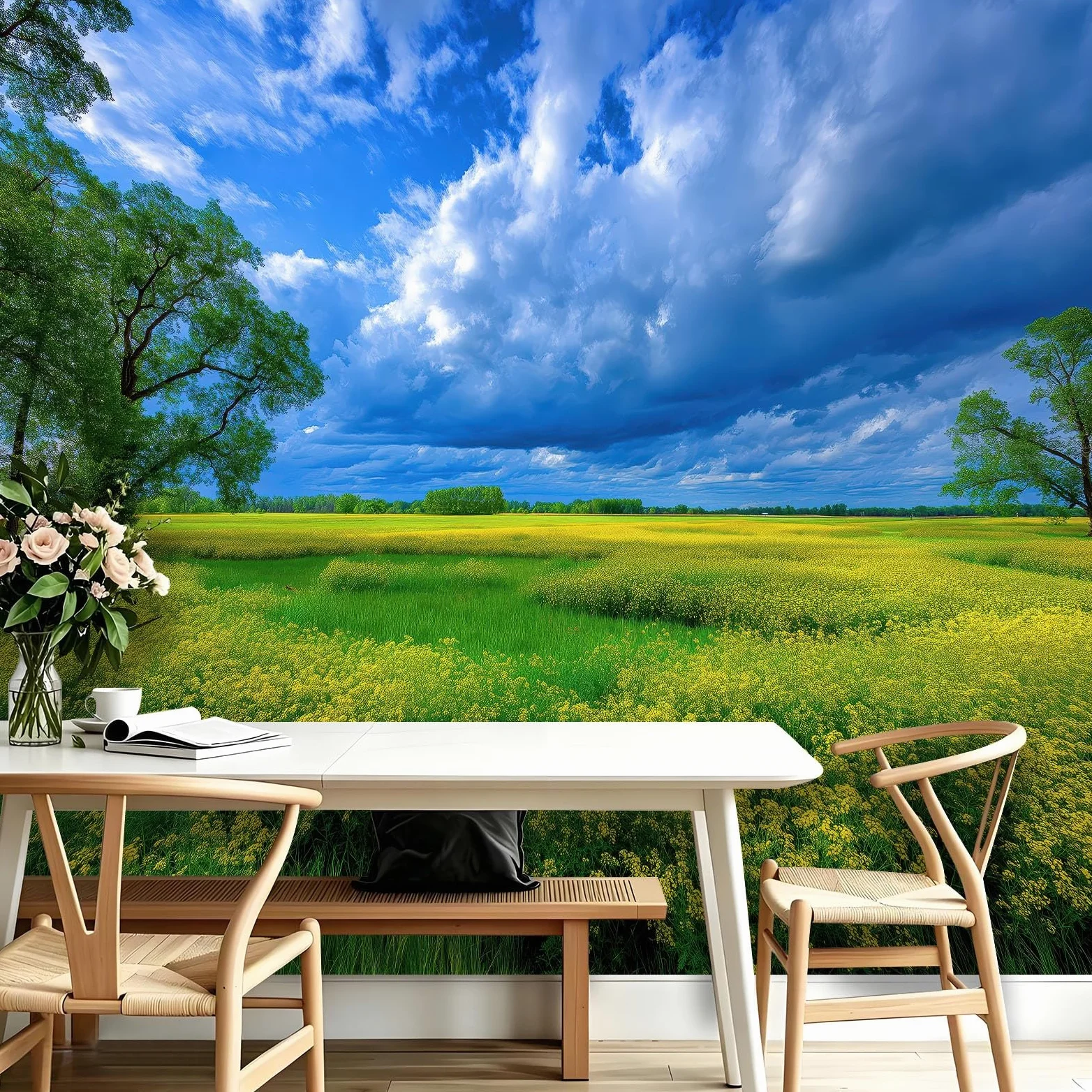 Carta da parati in tessuto non tessuto, 400 x 280 cm, decorazione da parete per sala da pranzo, corridoio, facile da montare, paesaggio, campo di colza, cielo, fiori