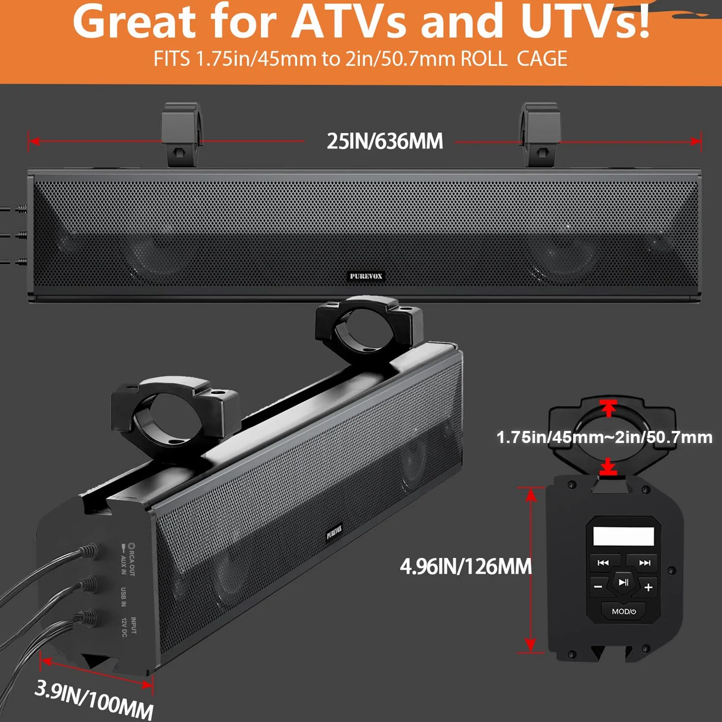 UTV Sound Bar, soundbar ATV da 66 cm, con luci multicolore SXS Sound Bar impermeabile Bluetooth Golf Cart Sound Bar per Polaris RZR Can-Am Defender Maverick