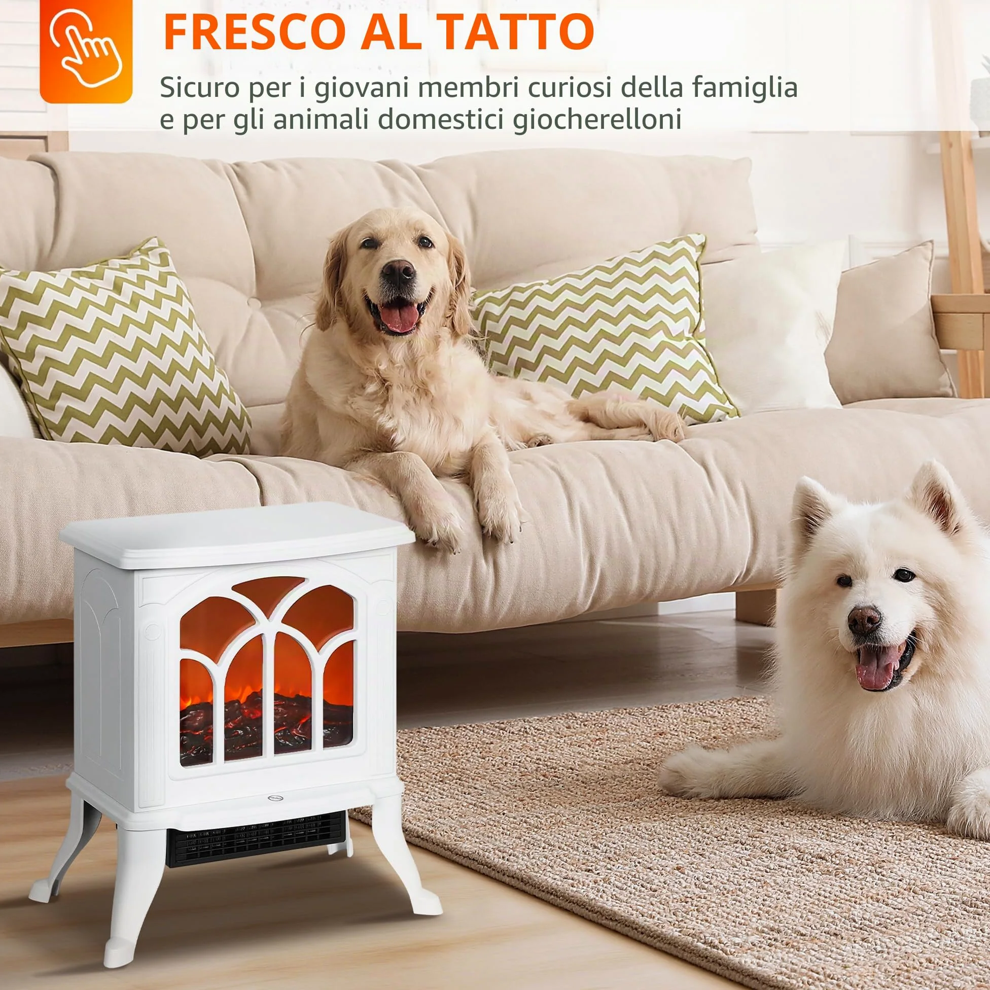 HOMCOM Camino elettrico su piedistallo 750/1500 W, falso camino decorativo con effetto fiamma LED, protezione contro il surriscaldamento, area di copertura 15-20 m², bianco