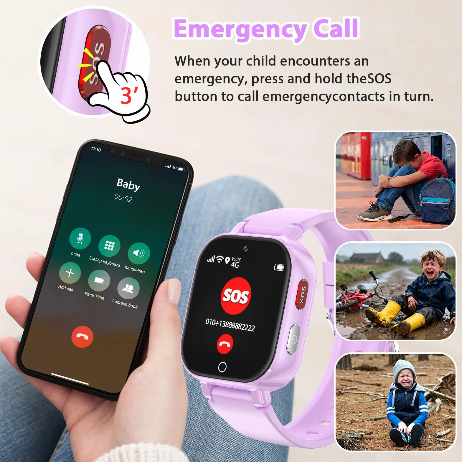 Smartwatch Bambini 4G con Videochiamata, GPS, SOS, Chat Vocale, IP68 Impermeabile, Modalità Classe, Contapassi, Sveglia, Camera, Orologio Smartwatch Regalo per Bambino e Bambina 4-12 Anni (Lila-8A)