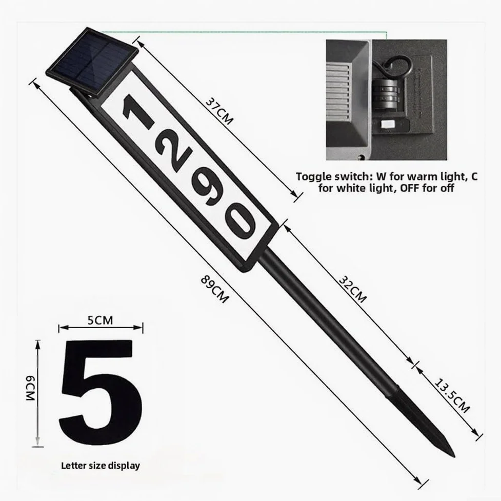 Targa solare a LED con numero civico impermeabile, altezza 102 cm, con picchetto, 3 temperature di colore, altezza regolabile, doppio pannello solare per esterni, giardino, vialetto, bianco, set di