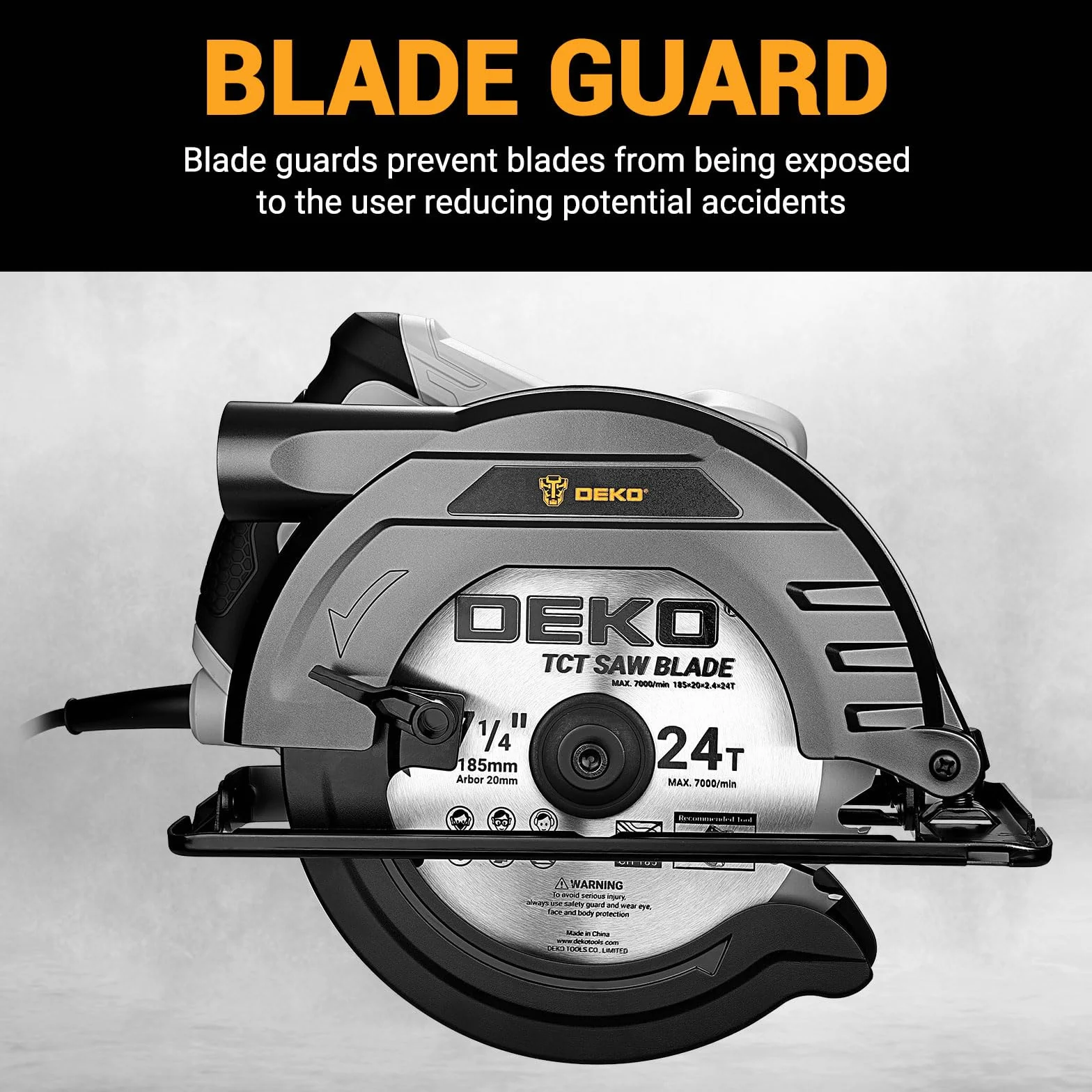Sega circolare per legno Sierra Circular 1200W: DEKOPRO Sega circolare con binario guida, Hoja de sierra Ø185mm(24T), Profondità massima di taglio 65mm (90°), 43mm (45°), Ideale per Tagliare Legno