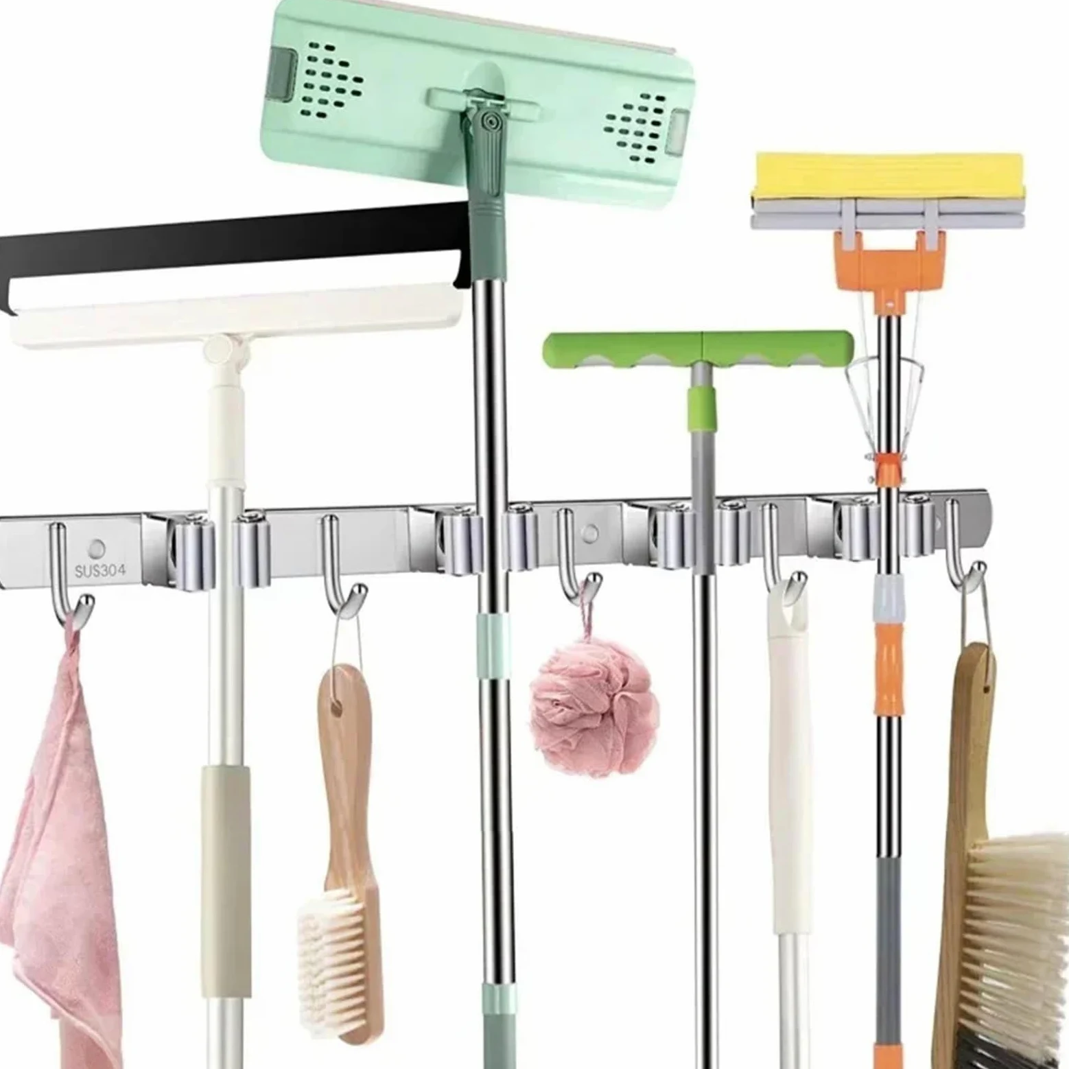 Porta Scope Parete Porta mocio Appendiabiti Mensola Gancio portaoggetti in acciaio inox Cucina Bagno Organizzazione Accessori per cucina(3 Mop 4 hook)