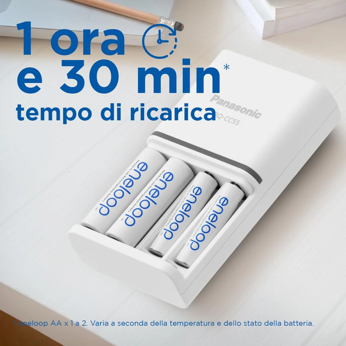 eneloop Caricabatterie SmartPlus per Batterie AA/AAA Ni-MH, Include 4 Batterie AA 2000mAh, Ricarica Rapida 1,5 Ore, con LED e 10 Funzioni di Sicurezza