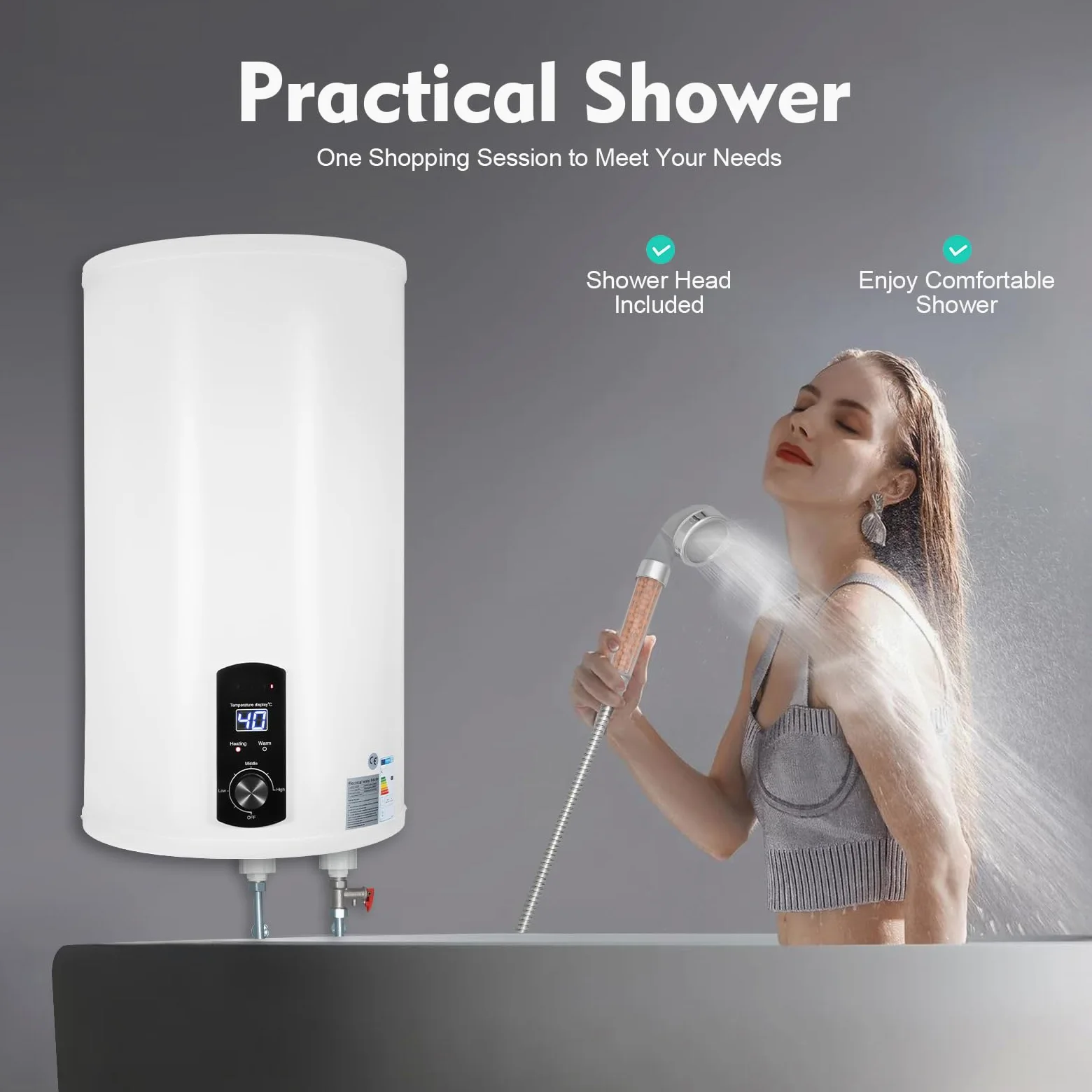 Scaldabagno elettrico istantaneo da 70 l, verticale montato a parete, con display digitale, alimentazione da 2000 W, per cucina e bagno, con doccetta e rubinetto