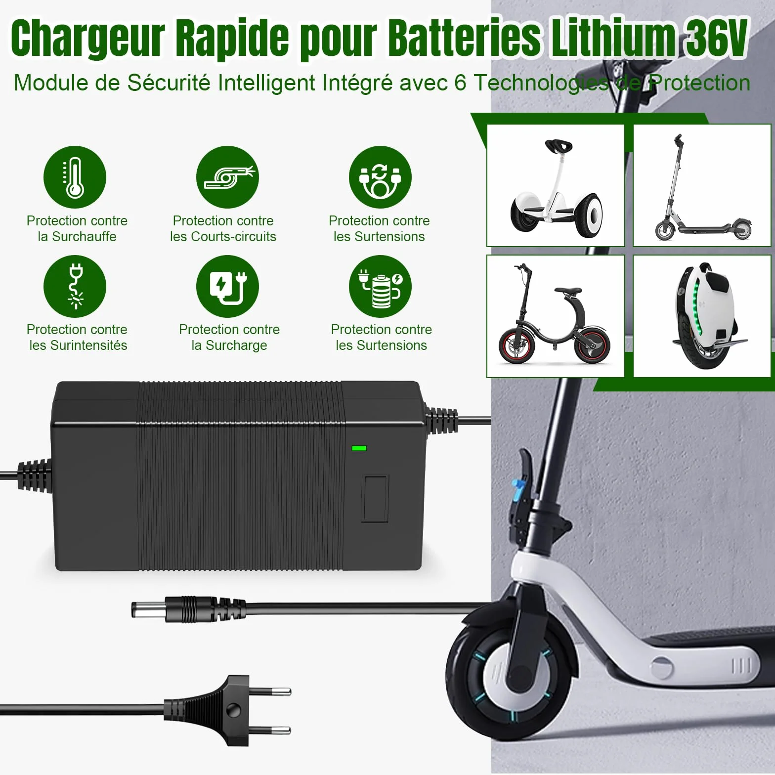 Caricatore per Monopattino Elettrico, Caricabatterie 42V 3A per Hoverboard, Caricatore per Batteria Monopattino 36V