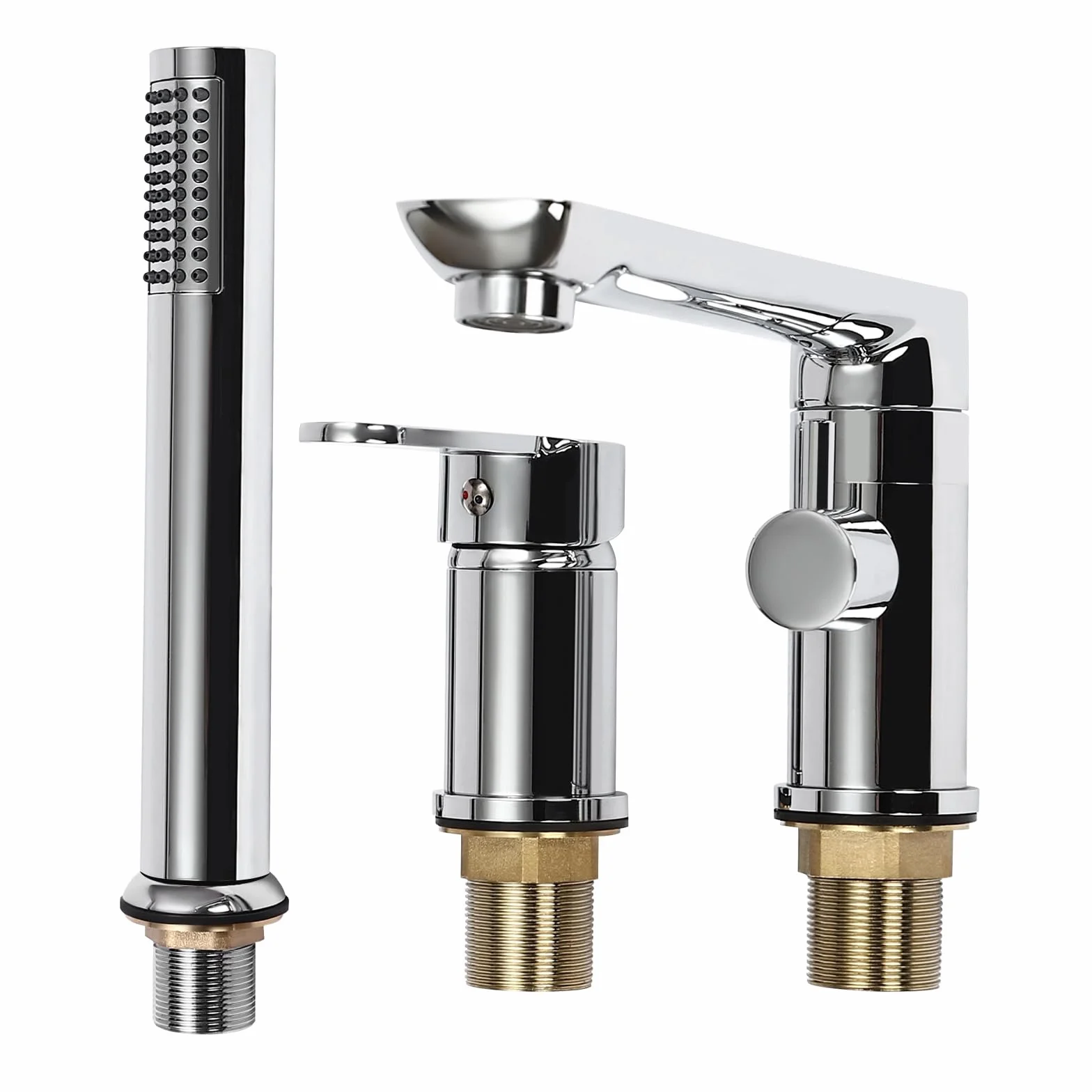 Rubinetto per vasca da bagno a 3 fori con maniglia singola, rubinetteria da bordo vasca con doccetta estraibile e ugello di uscita dell'acqua girevole a 360°, set di rubinetteria per bordo vasca da