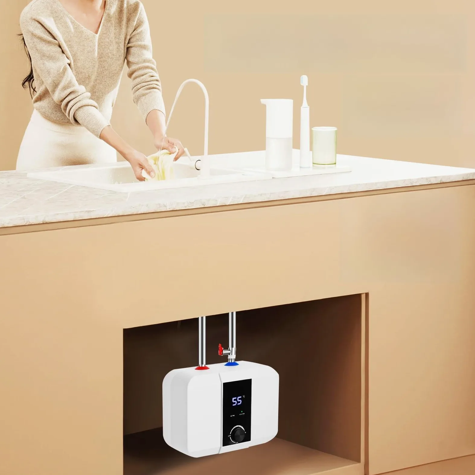 Scaldacqua calda da 6 l, 1500 W, 220 V, resistente alla pressione, con indicatore LED, 0-65 °C, G1/2, IPX4, 33 x 23 x 24 cm, per cucina e lavandino