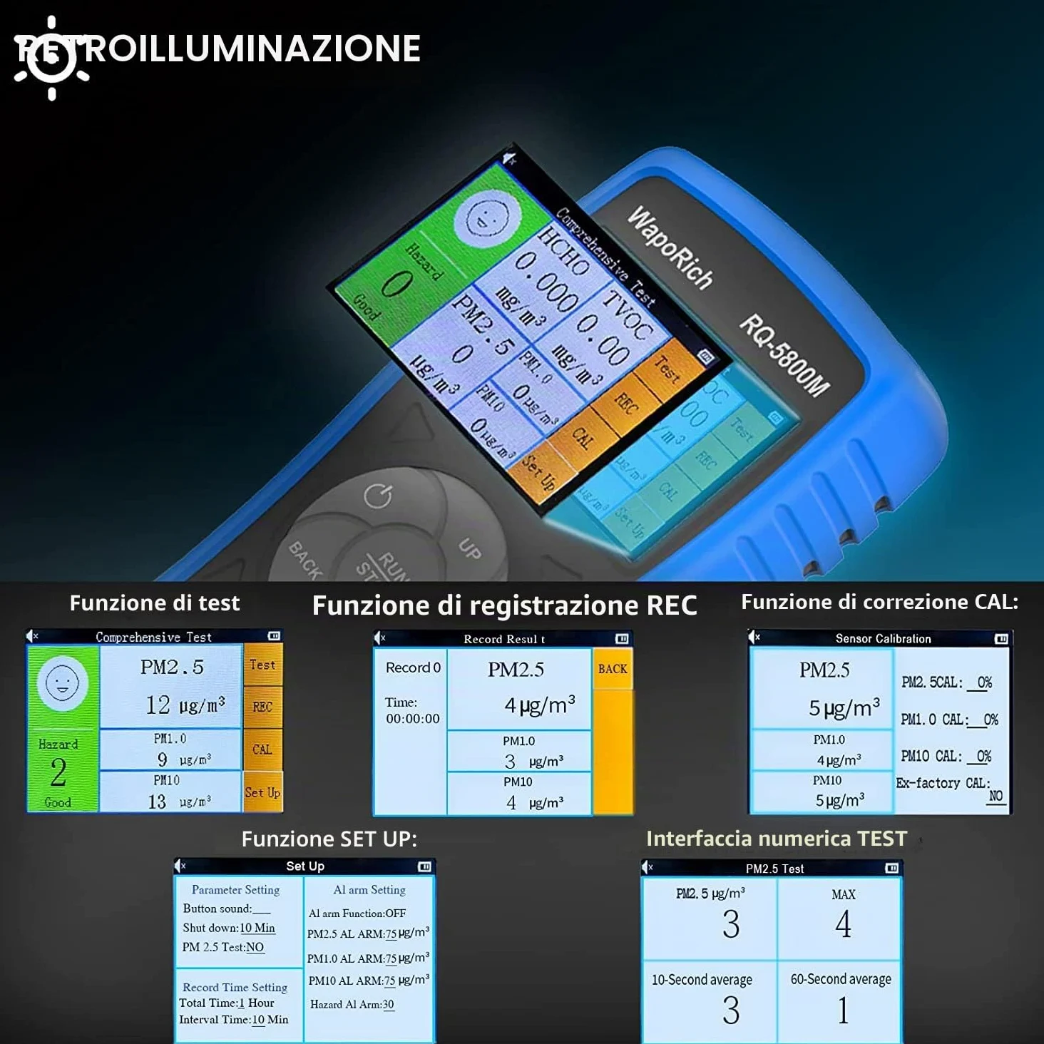 Monitor di qualità dell'aria interno PM2,5/PM10/PM1,0 portatile, WapoRich rilevatore di inquinamento qualità dell'aria rileva la polvere per casa/ufficio/scuole/auto, ricaricabile - RQ-5800M