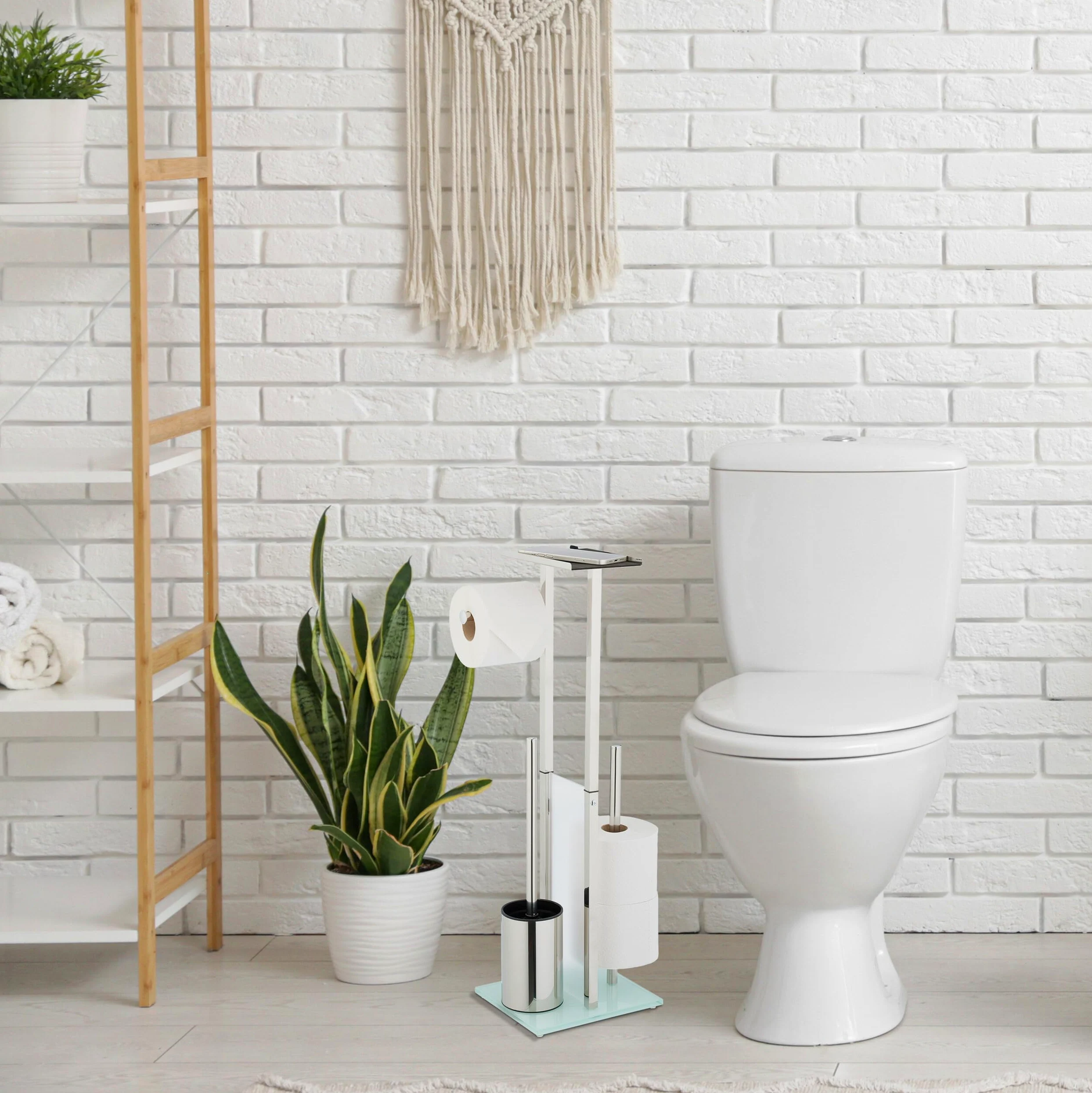Relaxdays Piantana Portarotolo e Portascopino da Bagno, Porta 3 Rotoli di Carta e Scopino WC, 66x24x18 cm, Acciaio Inox
