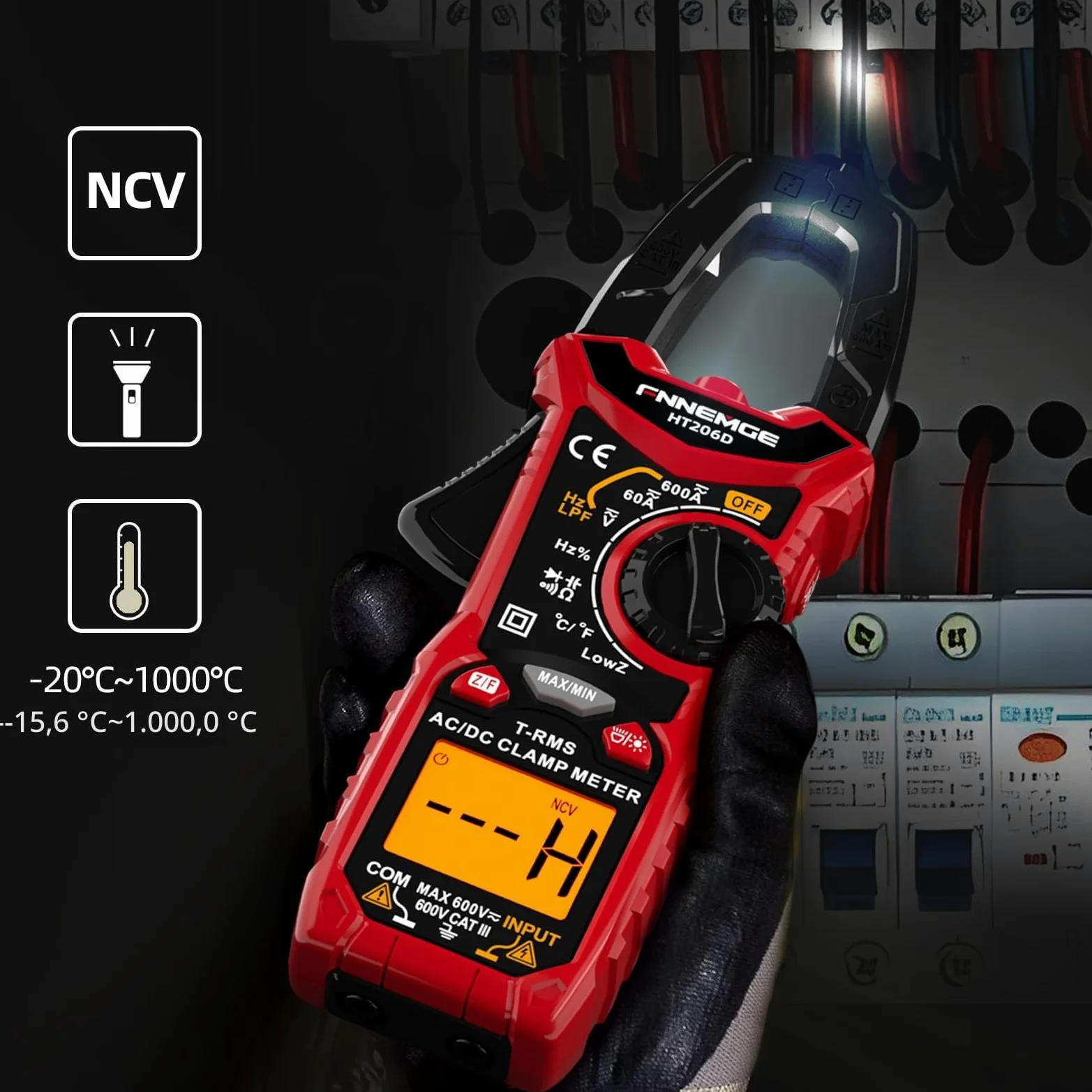 FNNEMGE HT206D - Pinza amperimétrica, Misuratore di Corrente DC/AC: 0-600A, Multimetro a pinza True-RMS 6000 Counts auto-Classificazione, Misura la Capacità di Passaggio (Corrente AC/DC)