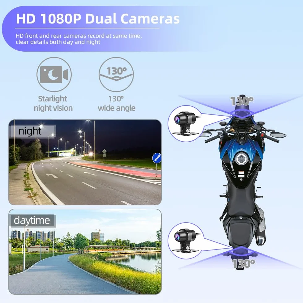 VSYSTO Moto Dash cam, 5G WiFi téléchargement vidéo haute vitesse, contrôleur de câble OLED, étanche starlight nuit vision HD 1080P avant et arrière caméra, affichage de la température