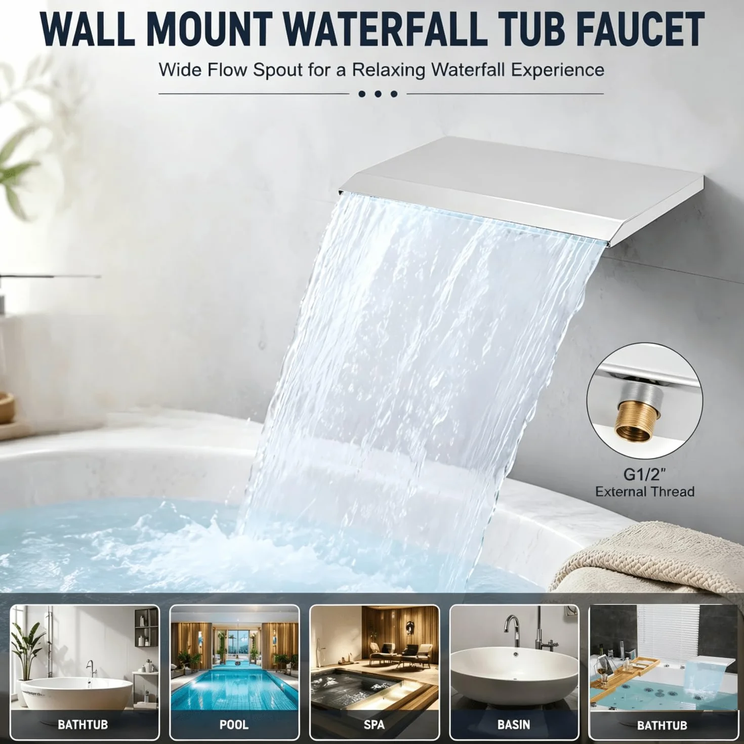 Rubinetto a Vasca a Cascata a Muro, Cucciolo di Caduta 'Acqua G1/2 Filo Esterno Filtro da Bagno a Cascata Bagno ugello da Nuoto per Bacino del Bagno