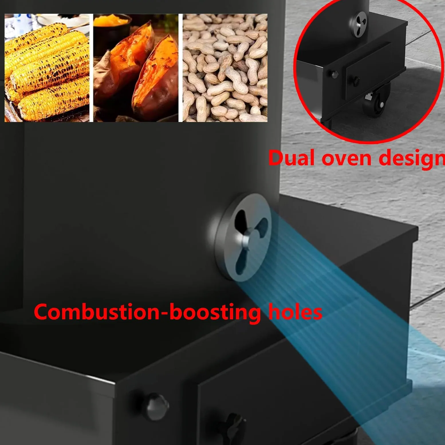 Stufa A Legna A Gasificazione In Ghisa 10MM Con Canna Fumaria Da 200 Cm E Ruote Bloccabili Per Riscaldamento E Cucina Domestica, Carico 250kg(50 * 50 * 61cm)