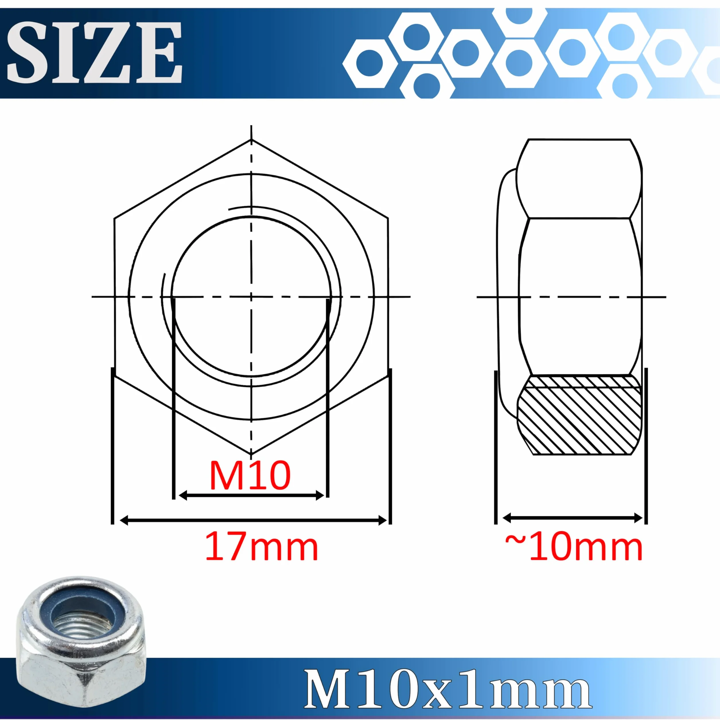 AERZETIX Set di 20 Dadi di bloccaggio M10x1mm esagonali acciaio zincato argento