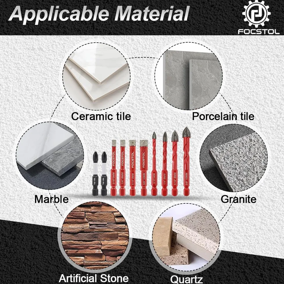 FOCSTOL Set di Punte Diamantate 10 pezzi, Punte per Piastrelle per Praticare Fori in Porcellanato Gres Ceramica Marmo Granito Vetro, con Attacco Esagonale a Cambio Rapido, 5/6/8/10mm
