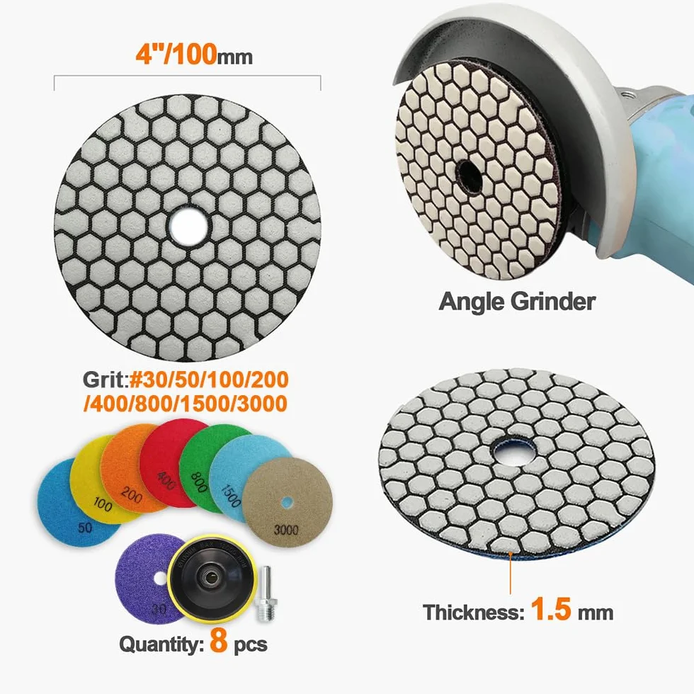 Set di tamponi per lucidatura diamantati a secco, grana 30/50/100/200/400/800/1500/3000, kit di tamponi per lucidatura a secco per granito, marmo, cemento, quarzo, marmo e supporto in