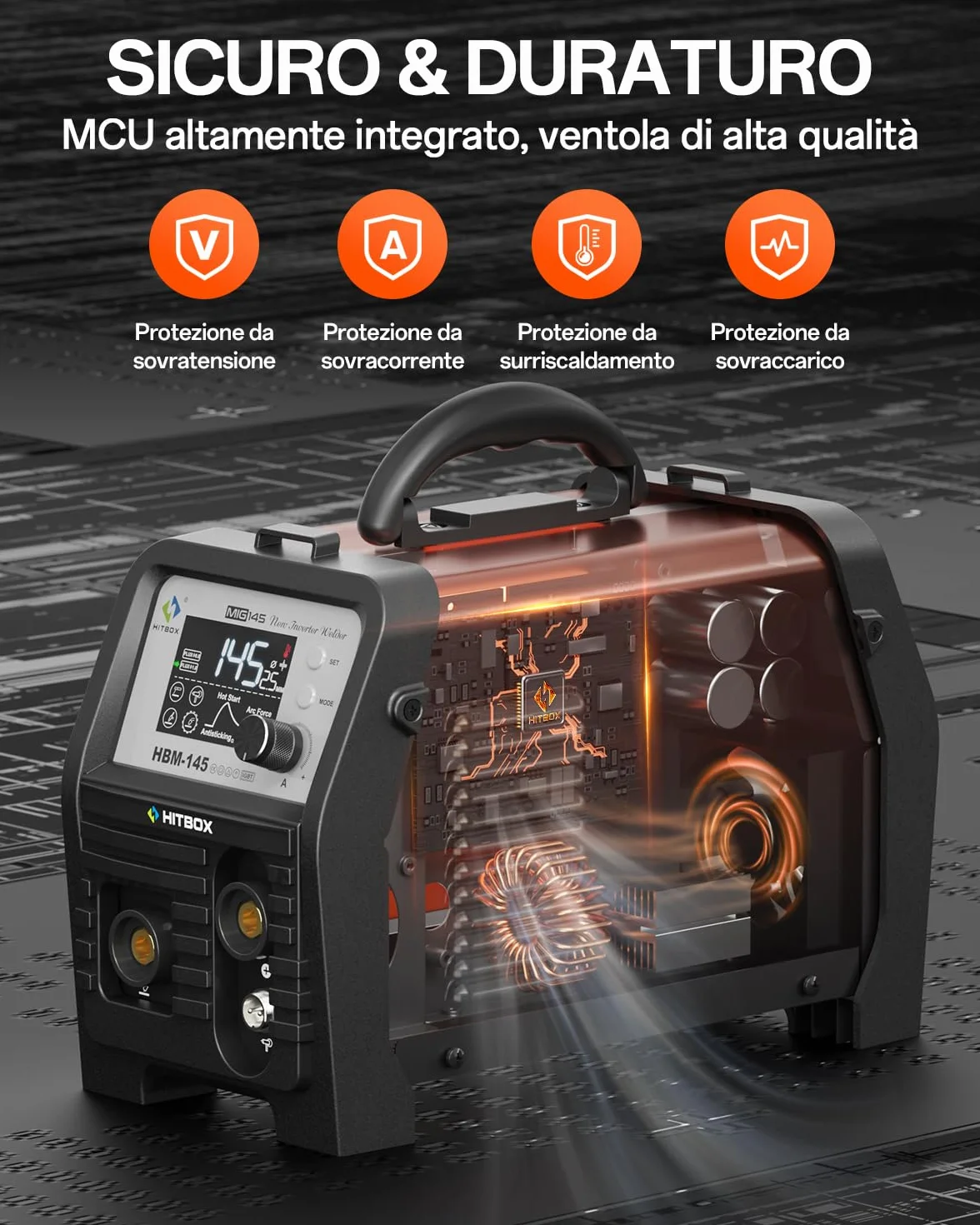 HITBOX 145A Saldatrice a Filo Continuo 4 in 1 230V MIG/ARC/Lift TIG/Spool Gun con Display LED