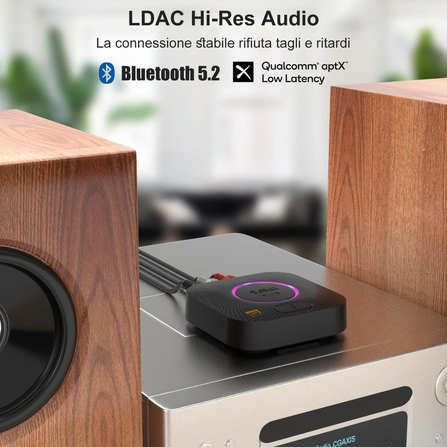 1Mii B06S+ Ricevitore Bluetooth 5.2 HiFi, Hi-Res LDAC Adattatore Audio Bluetooth con Jack AUX 3.5mm e RCA, aptX Bassa Latenza, 100ft Lungo Raggio Ricevitore con Controllo Volume per Home Audio/PC