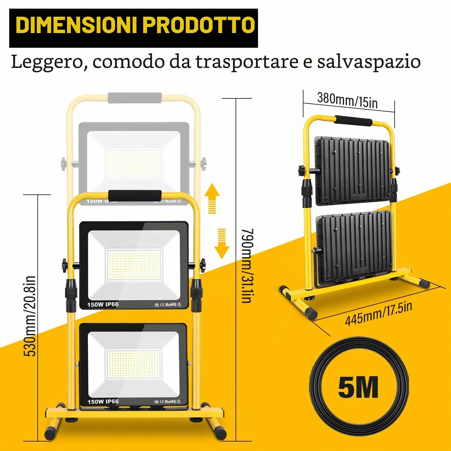 SKYWORLD 300W Faretto Led da Cantiere, 30000LM Faro da Cantiere Portatile | Proiettori Faretti Led con 5M Cavo e Spina, Impermeabile Lampada per Lavori Officina Garage Giardino Cantieri, 6000K Bianco