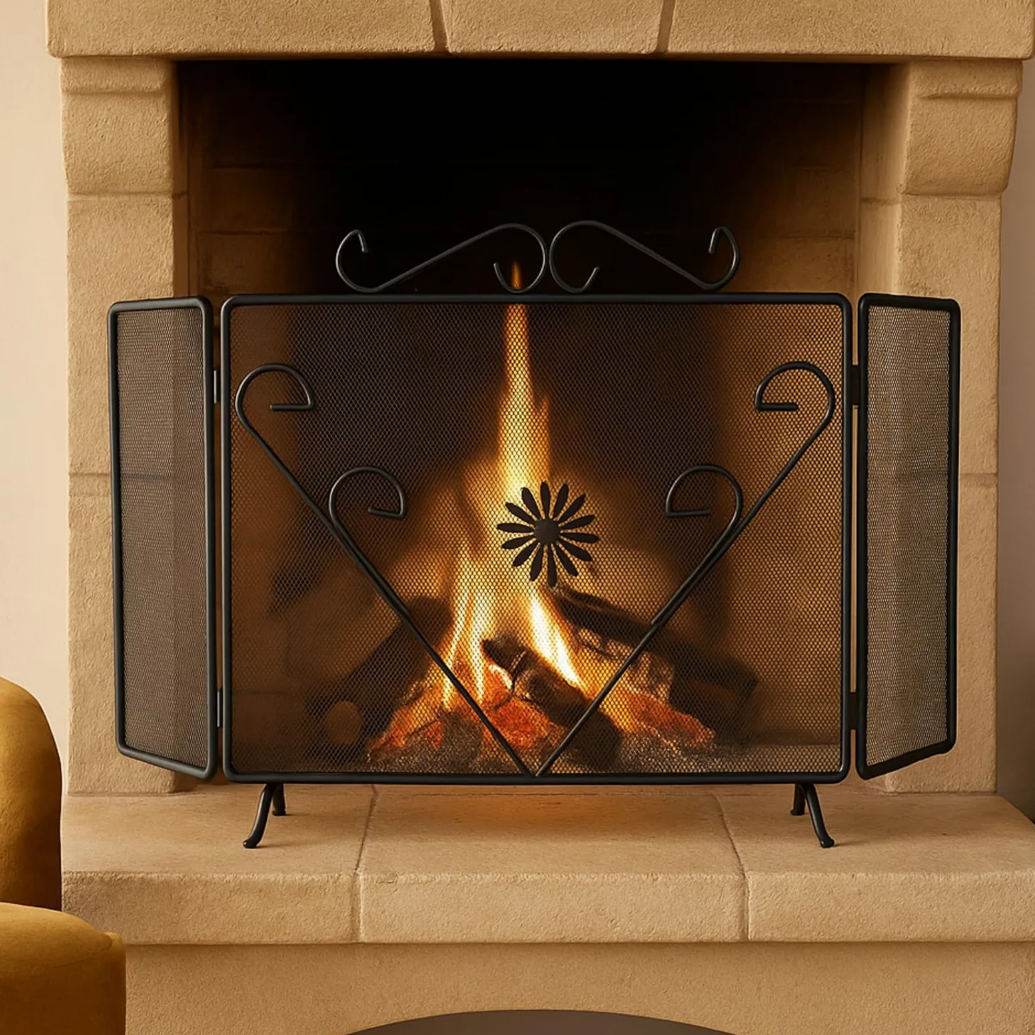 MOHOME Parascintille per Camino Angolare Nero Ferro Battuto Design Floreale 45 x 100 cm Cuore Griglia Paraschizzi Made in Italy Caminetto Parafuoco Protezione per Stufa Caminetti Accessori per Camino