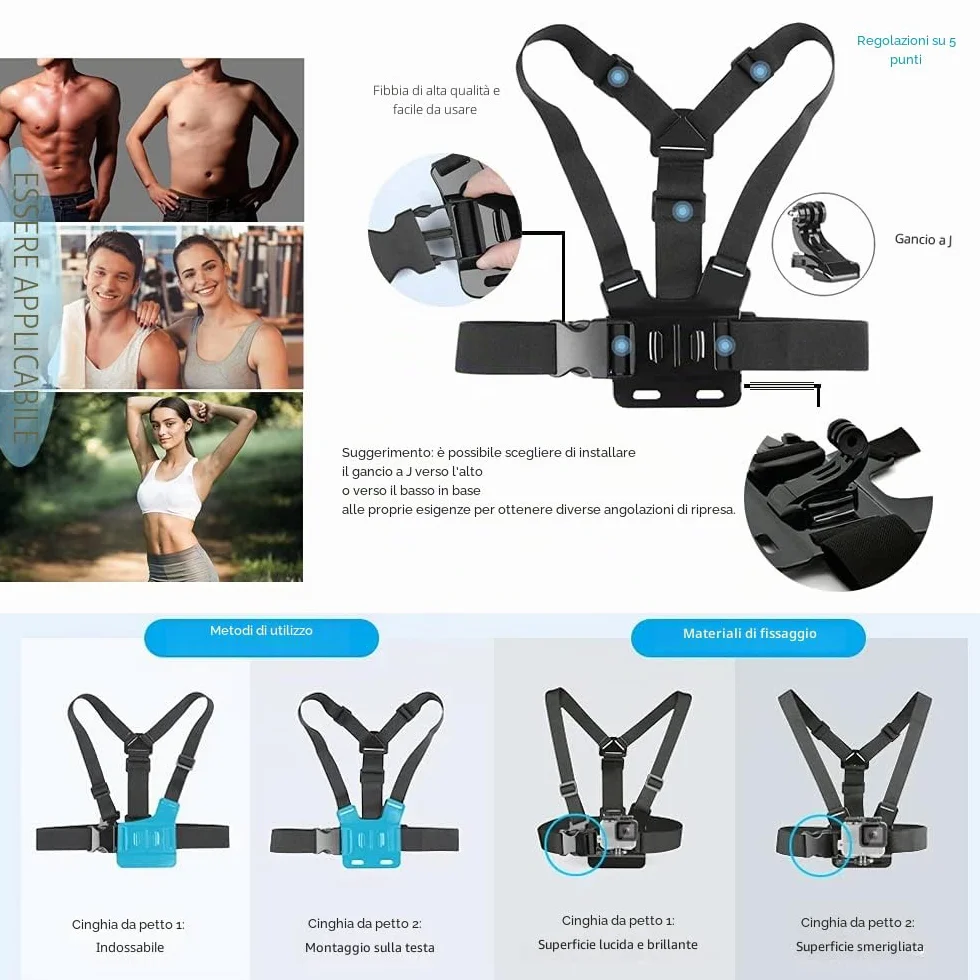 TEKCAM Kit Accessori per Action Cam 4 in 1 Compatibile con GoPro Hero 13 12 11 10/ AKASO Brave 4 Pro/COOAU/DJI Osmo Action 4 5 Pro/SJCAM/Insta360, Imbracatura da Petto Fascia da Testa