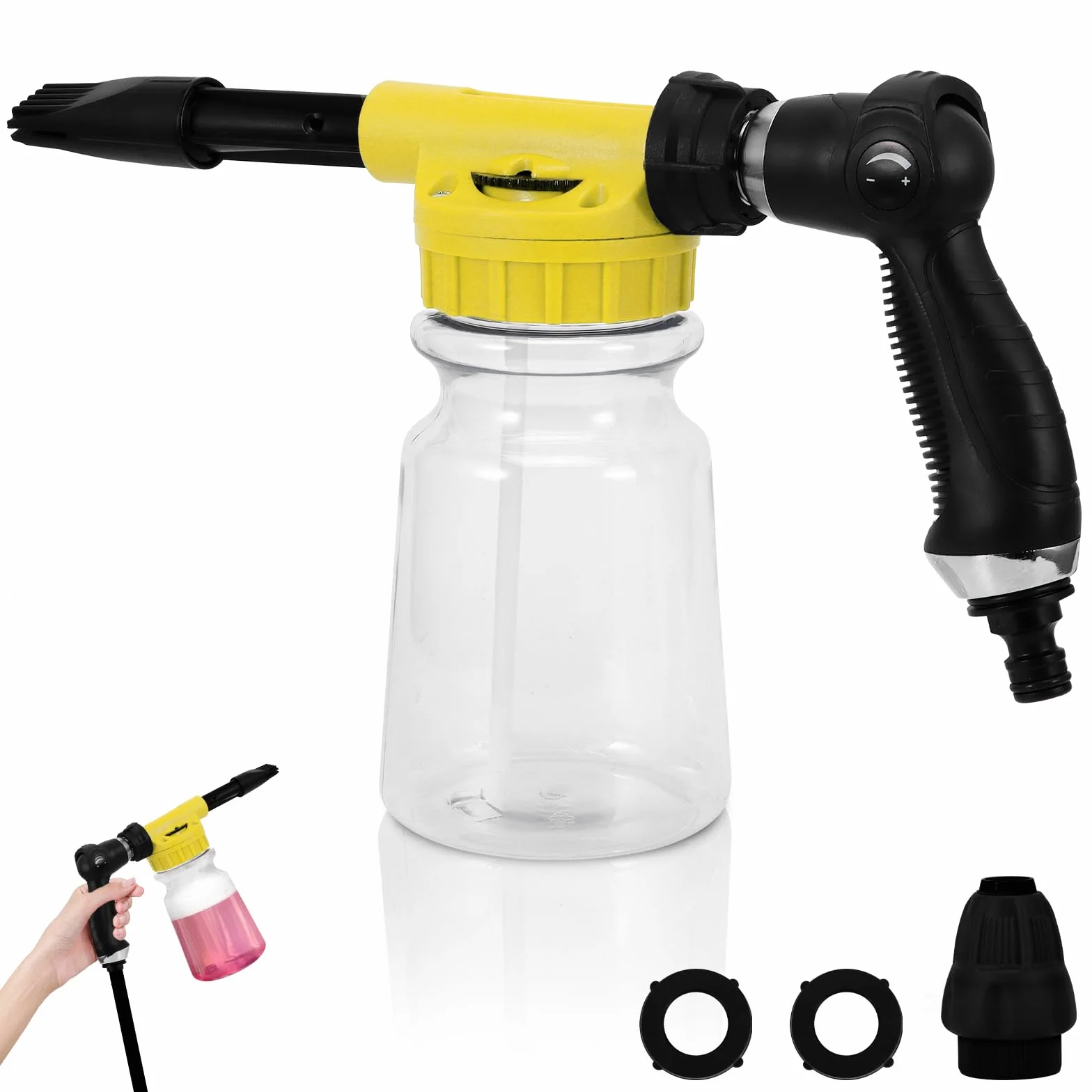 Foam Gun Car Wash 1000ml, 2 in 1 Lancia Schiuma Regolabile, Pistola Schiuma per Pulizia Auto Cannone Schiuma Attacco Tubo da Giardino per Pulizia Auto e Moto Giardini (Giallo)
