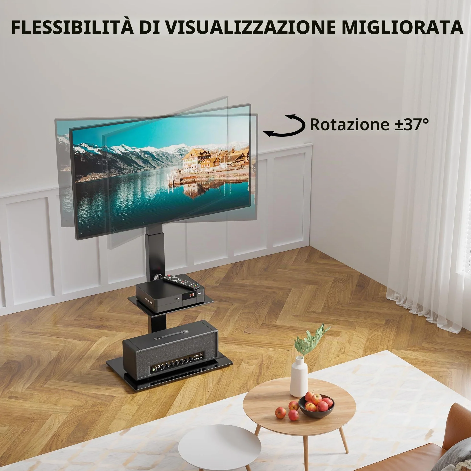 BONTEC Universale Supporto TV da pavimento per TV da 30-70 pollici LED OLED LCD, Porta TV da Terra Regolabile in Altezza con Ripiani in Vetro Temperato a 2 Livelli Max VESA 600x400mm, Fino a 40KG