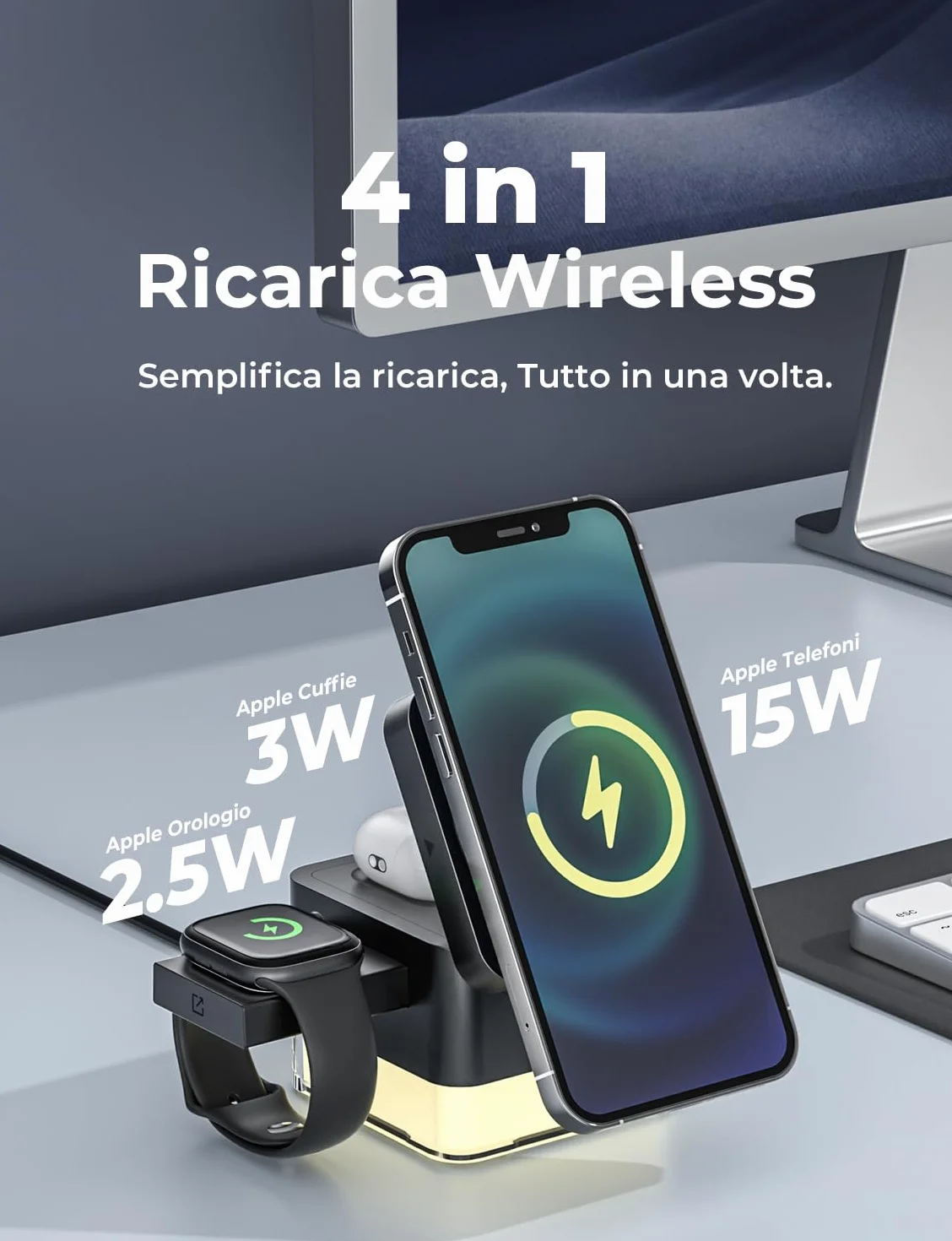 Caricatore Wireless 4 in 1, Qi Ricarica Rapida, Caricatore Compatibile Con Lampada da Comodino, per iPhone Serie 12/13/14/15/16, Airpods 2/3/Pro, iWatch
