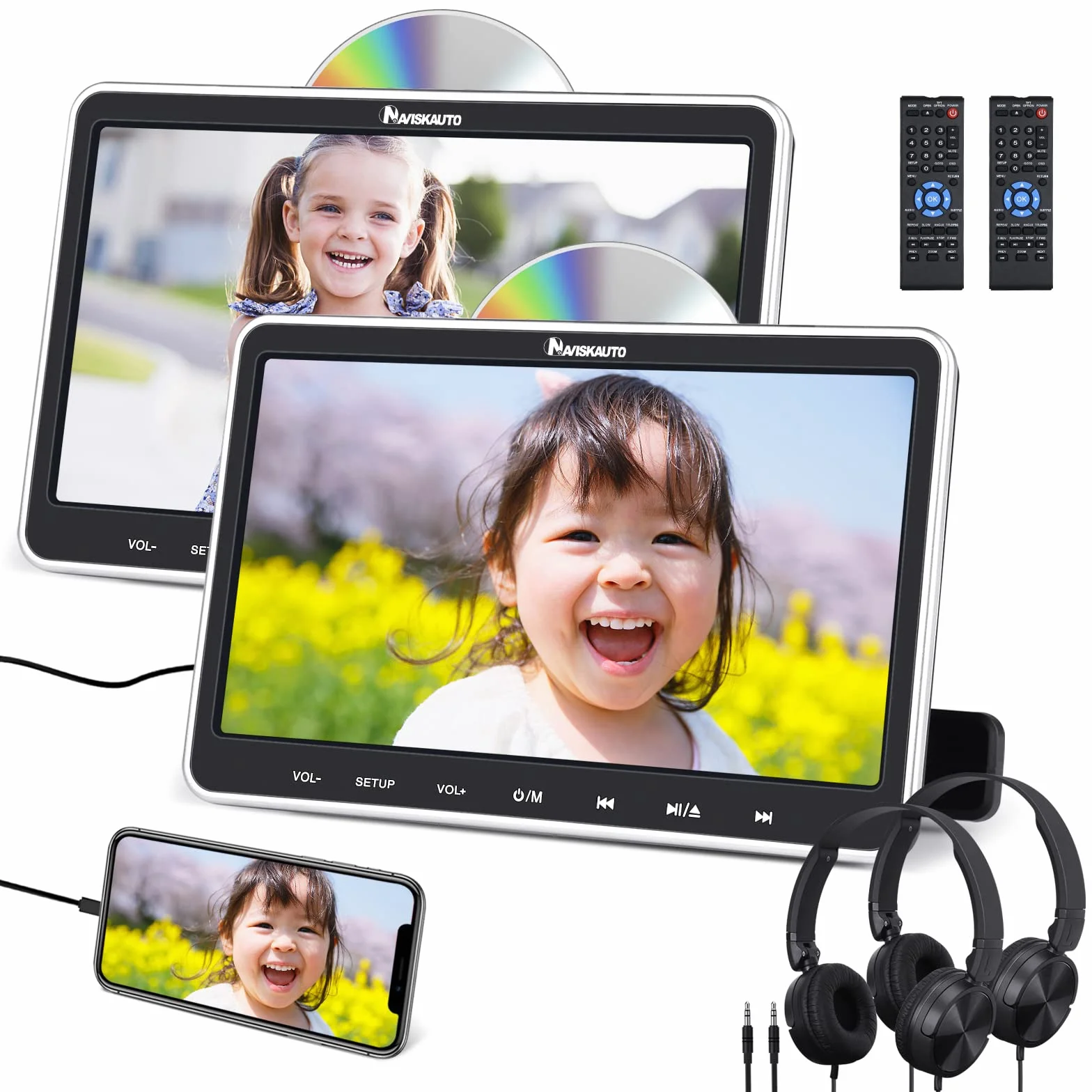 NAVISKAUTO Lettore dvd da auto per poggiatesta，due cuffie dotate, due monitor da 10.1＂, supporta USB/SD/Region free/AV-in e out, cavo AUX, 18 mesi di garanzia, per bambini