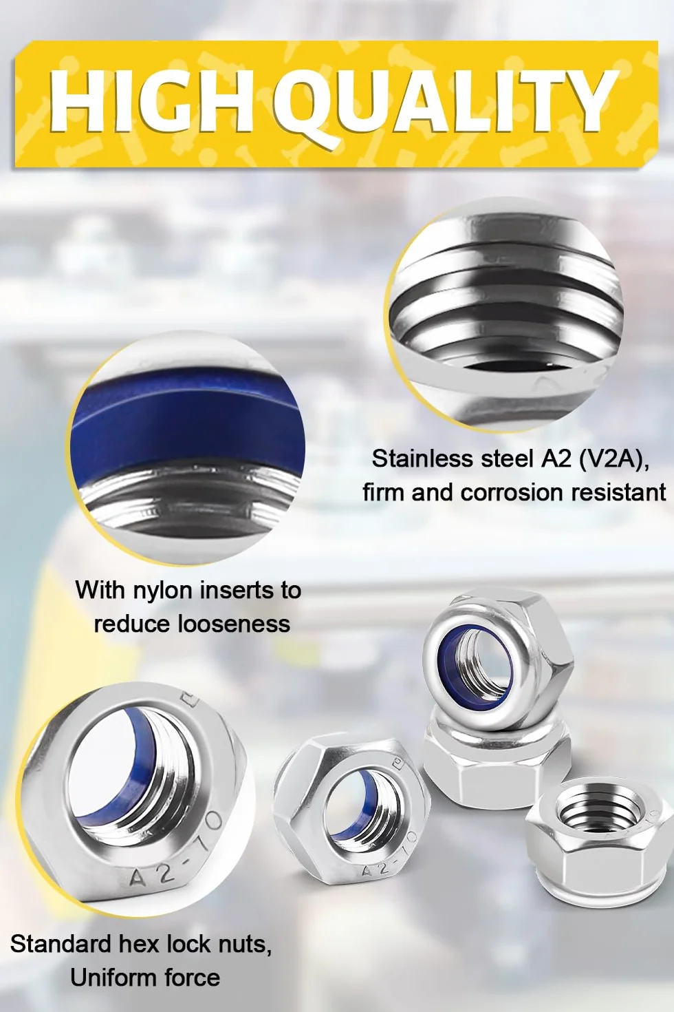 Caianwin 50 Pezzi Dadi autobloccanti M3 DIN985 Acciaio Inox A2 V2A Dadi Esagonali con Bloccaggio Nylon