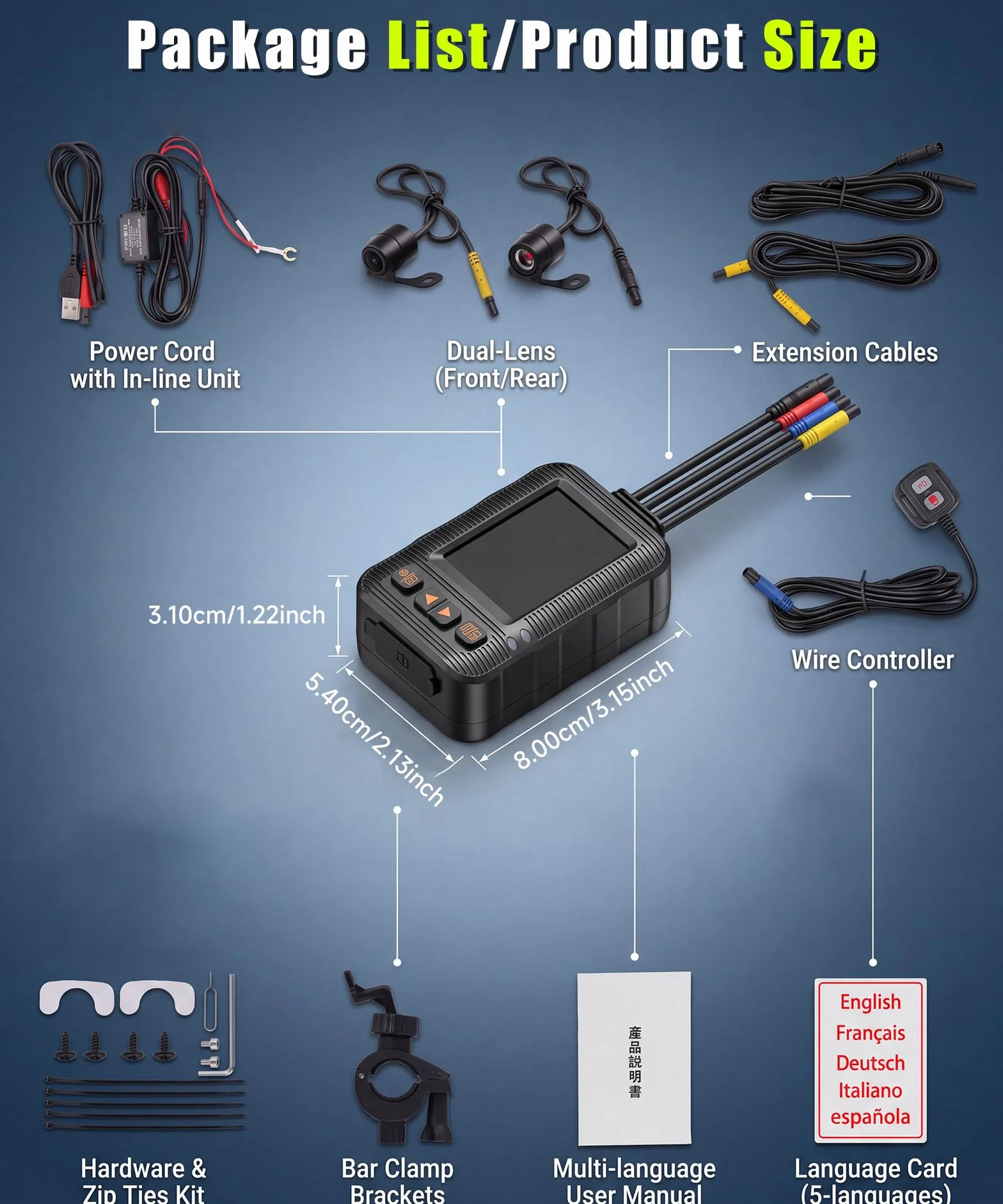 Rimoody Dashcam per Moto 1080P con Due Telecamere, 2" Schermo, Telecamera a Doppia Lente Anteriore e Posteriore, IP67 Impermeabile, Visione Notturna, G-Sensor, Loop Video, Monitoraggio di Parcheggio