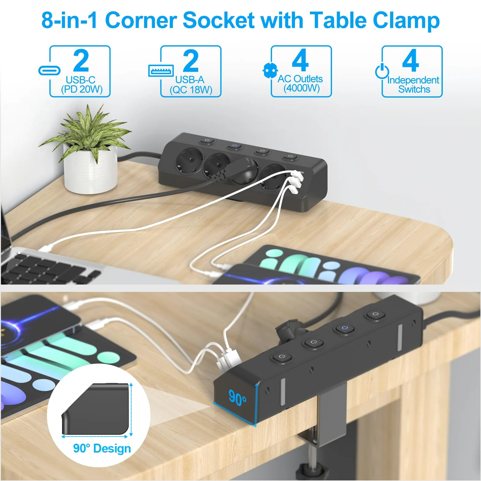 Multipresa 4000W con Protezione da Sovratensioni, Ciabatta Elettrica da Scrivania con Ricarica Rapida USB-C PD20W, Presa con 4 Interruttori Indipendenti, Ciabatta e Dispositivo di Fissaggio, Cavo 2M