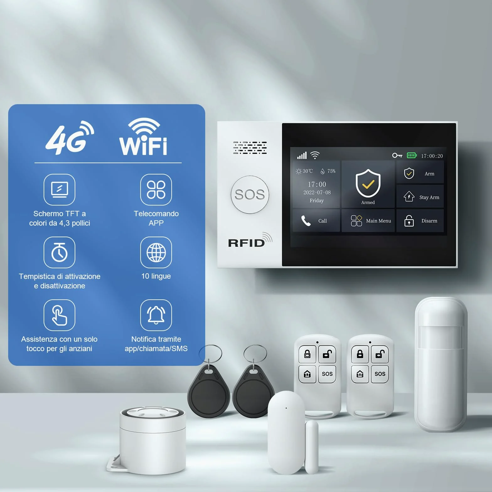 LWOHSI Sistema Di Sicurezza Domestica,GSM 4G+WiFi Allarme Casa Senza Fili,Allarme Antifurto Domestico Touch Screen da 4,3",Compatibile con Alexa Google Home