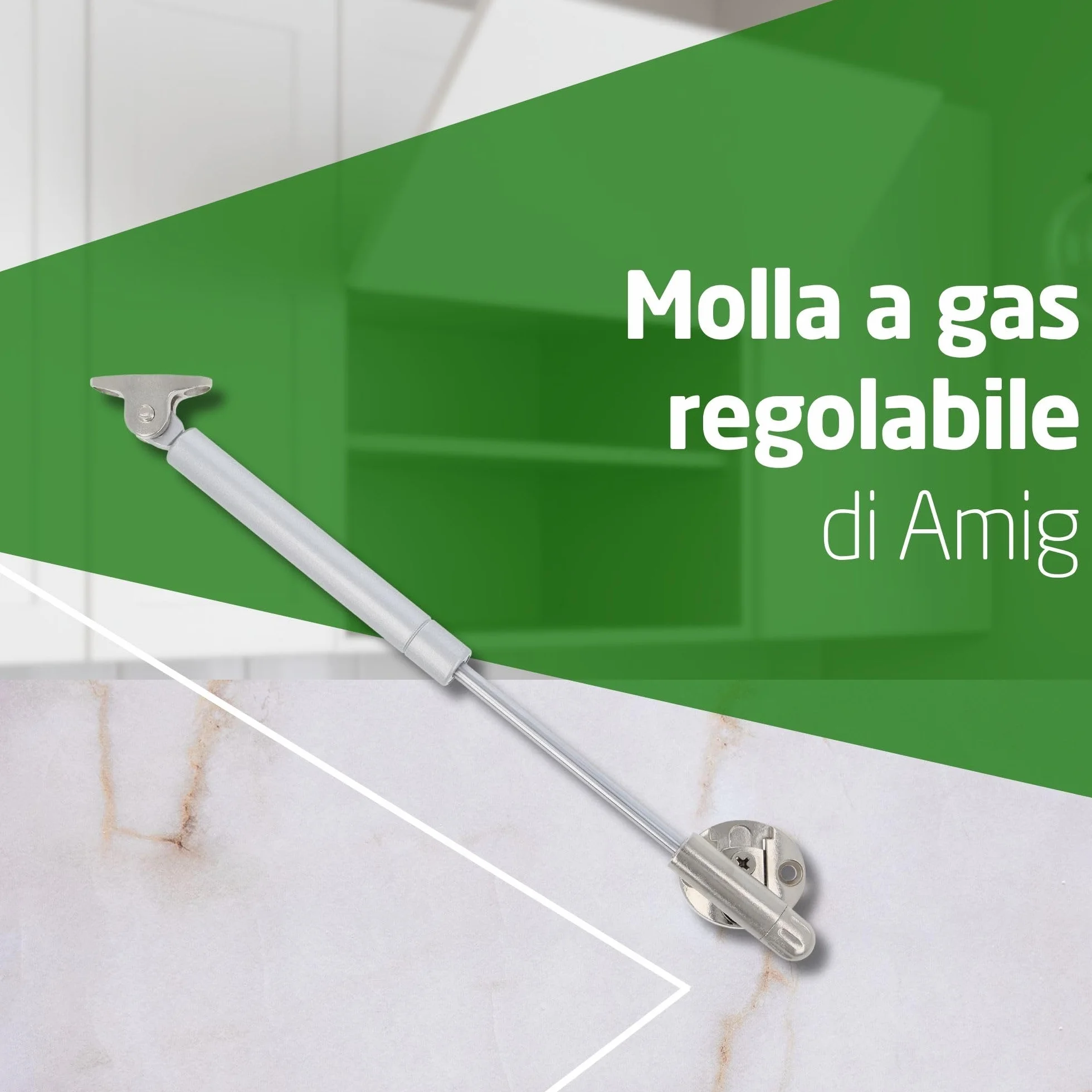 Amig - Bussola a gas per sollevare porte apribili - Mod.98 - Resistenza di carico: 12 kg - Ammortizzatore regolabile per apertura verso l'alto senza impatto - Argento