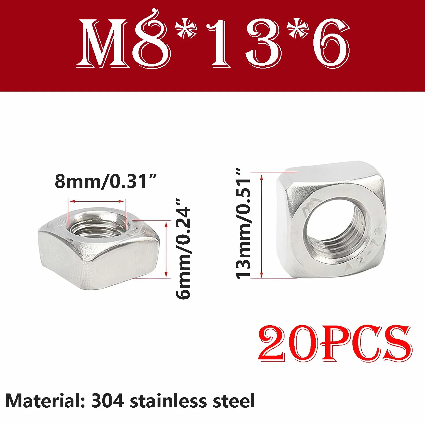 20 Pezzi Dadi Quadrati M8 x 13 mm x 6 mm in Acciaio Inossidabile 304 per Giunti e Montaggio