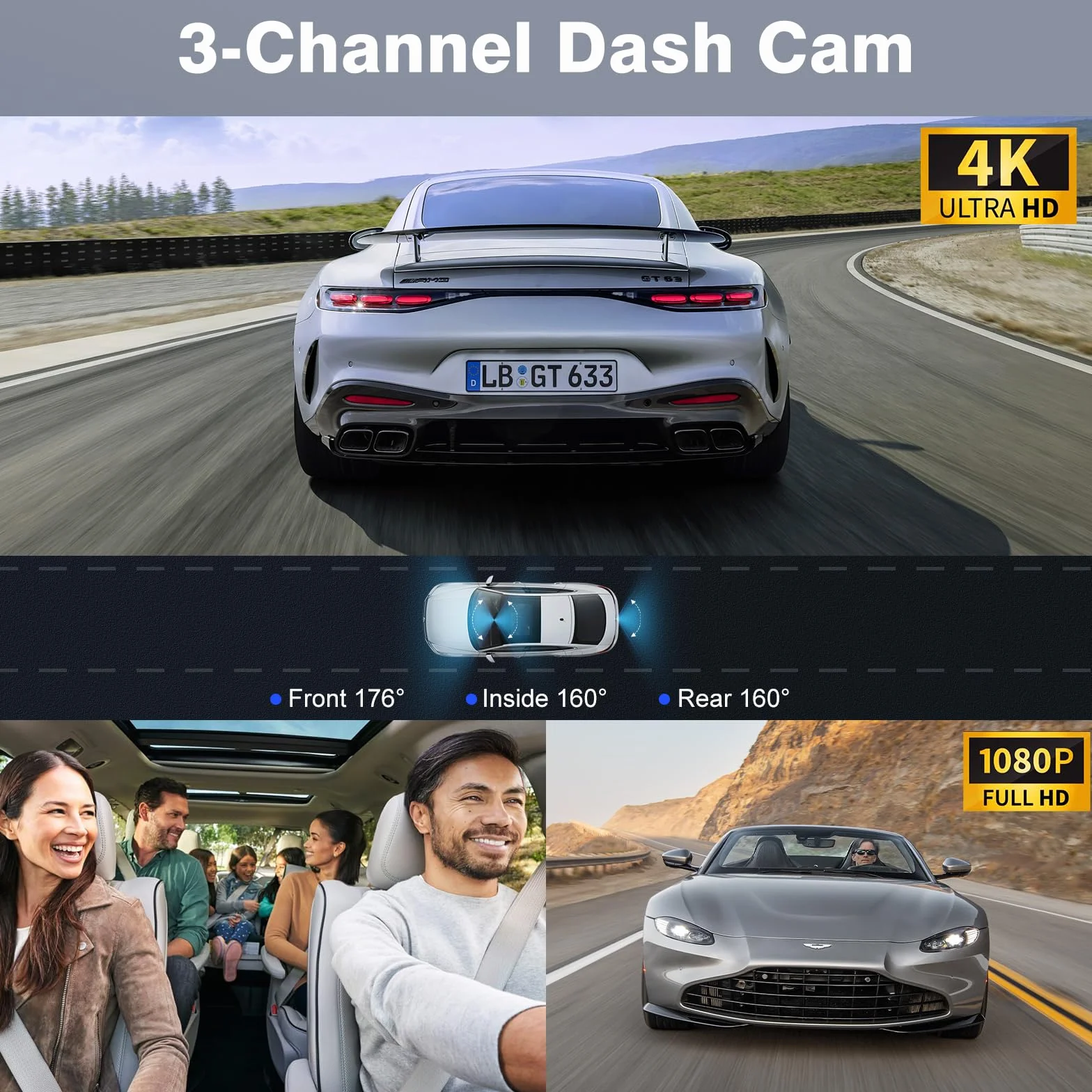 X5 4K WiFi 3-Canali Dash Cam Auto, 2160P+1080P+1080P FHD Tripla Dashcam Auto, Telecamera Auto 360° su tutti i lati, Scheda SD 64G Gratuita,G-Sensor,WDR,Visione Notturna,Monitor di Parcheggio