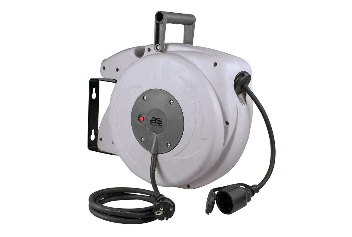 as - Schwabe avvolgicavo automatico 18 m, 180° orientabile, montaggio a parete o soffitto, rimovibile uso mobile, 230 V 16 A, IP44 esterno