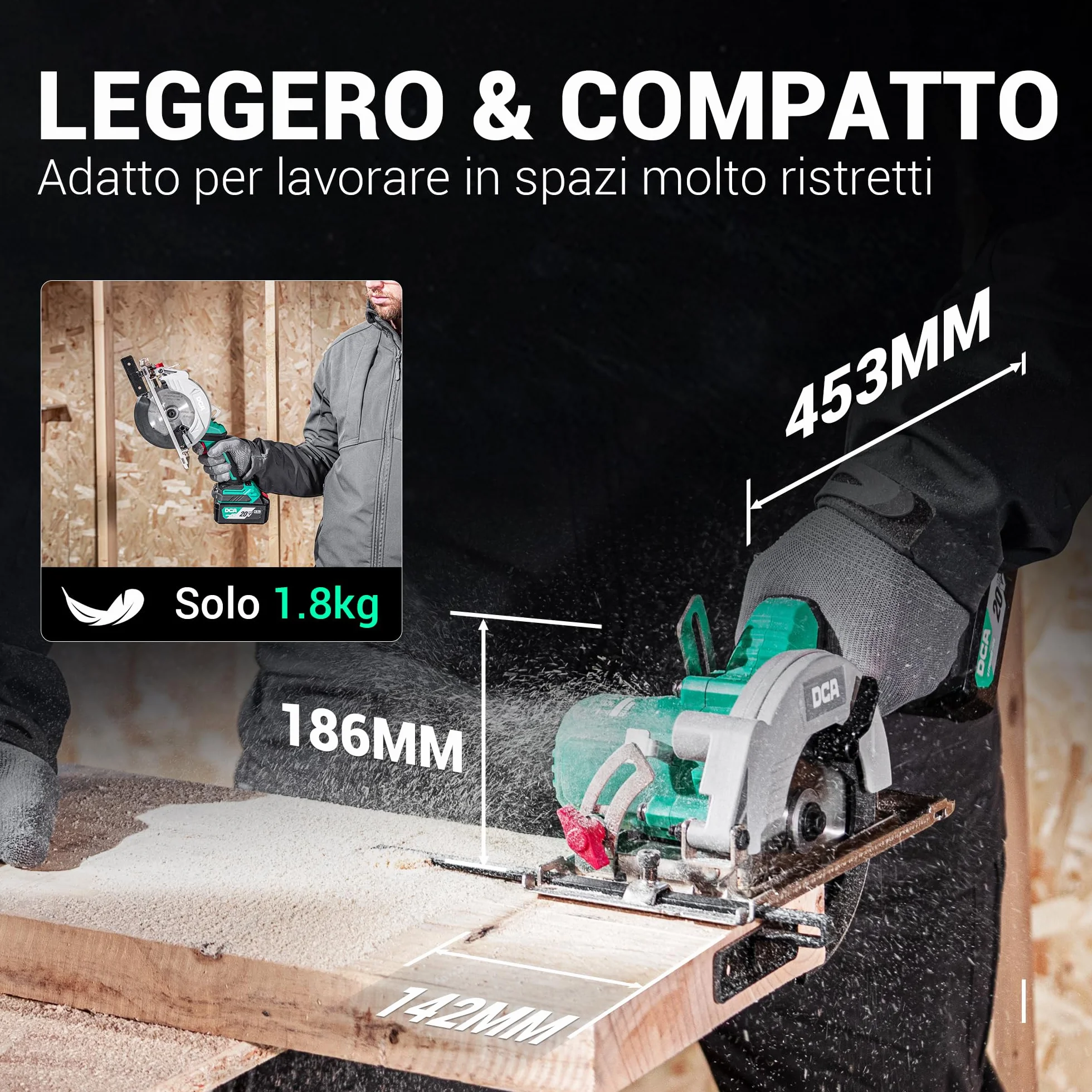DCA Sega Circolare Mini Senza Spazzole, 2 Velocità 6700/4200 Rpm con 20V 4,0Ah Batteria, 3 Lame Ø125mm e Guida, Profondità Taglio 45mm(90°)/33mm(45°), Per Legno, Plastica, PVC