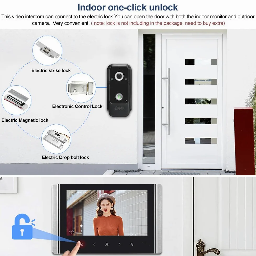 Sistema di videocitofono cablato con schermo a colori IPS da 7 pollici, videocitofono HD 1080P e telecamera da 2 megapixel con supporto per sblocco, citofono bidirezionale
