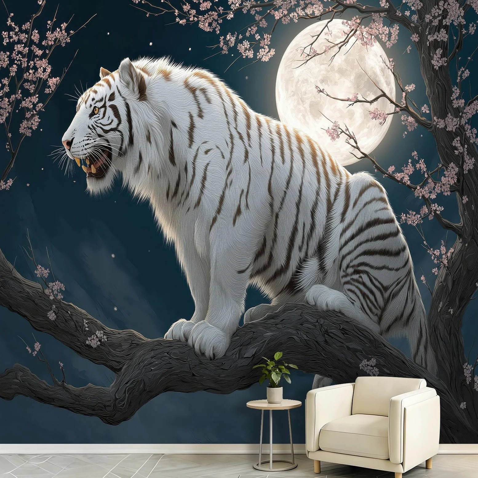 Carta da parati panoramica in tessuto non tessuto, fantasia animali, 350 x 256 cm, decorazione per soggiorno e camera da letto, effetto 3D, luna piena, fiori rami cielo notturno
