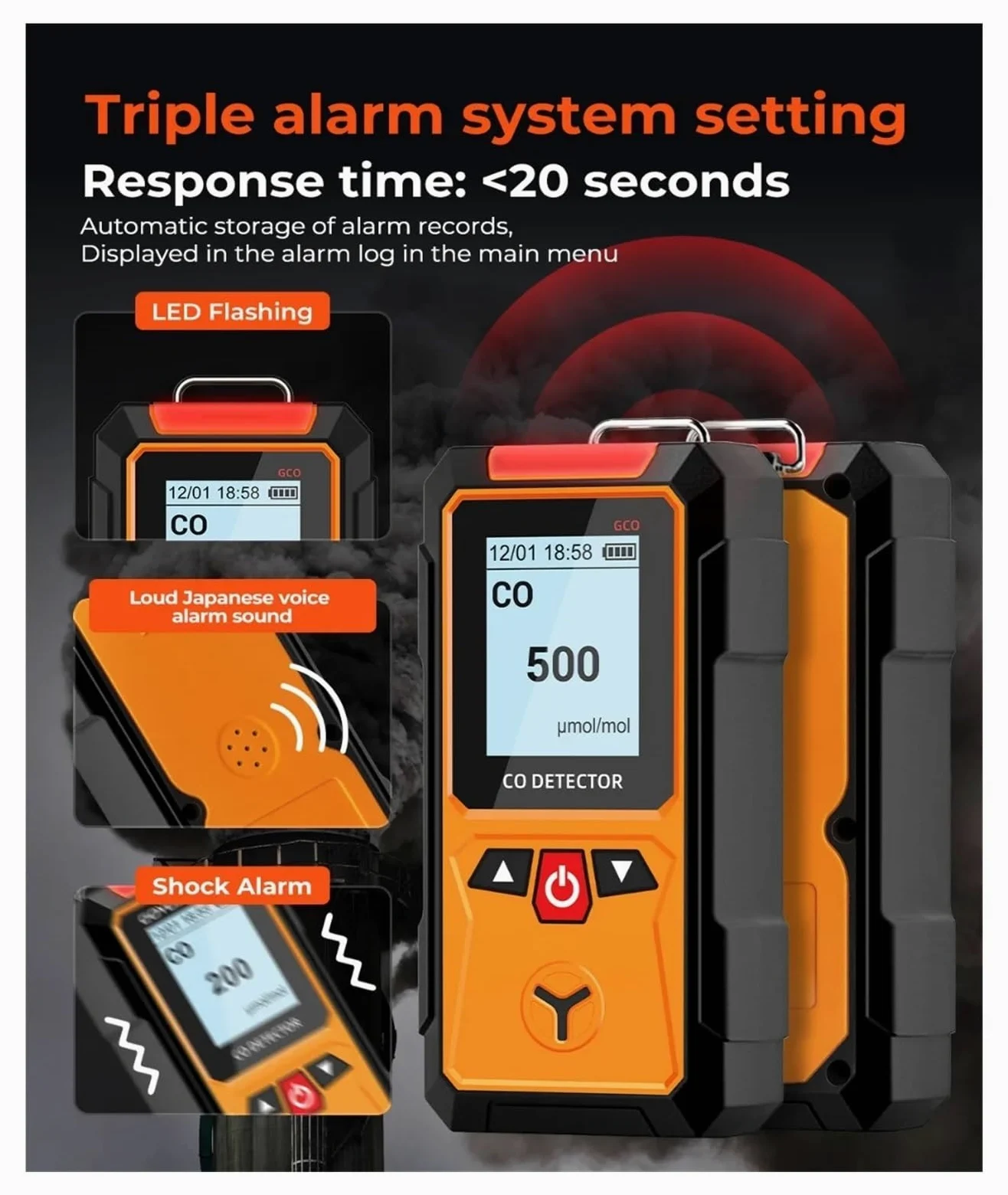 monitor di co2, Rilevatore di monossido carbonio, rilevatore CO ad alta precisione 0-2000 ppm, sensore elettrochimico, allarmi acustici e visivi display LCD per casa, ufficio, auto