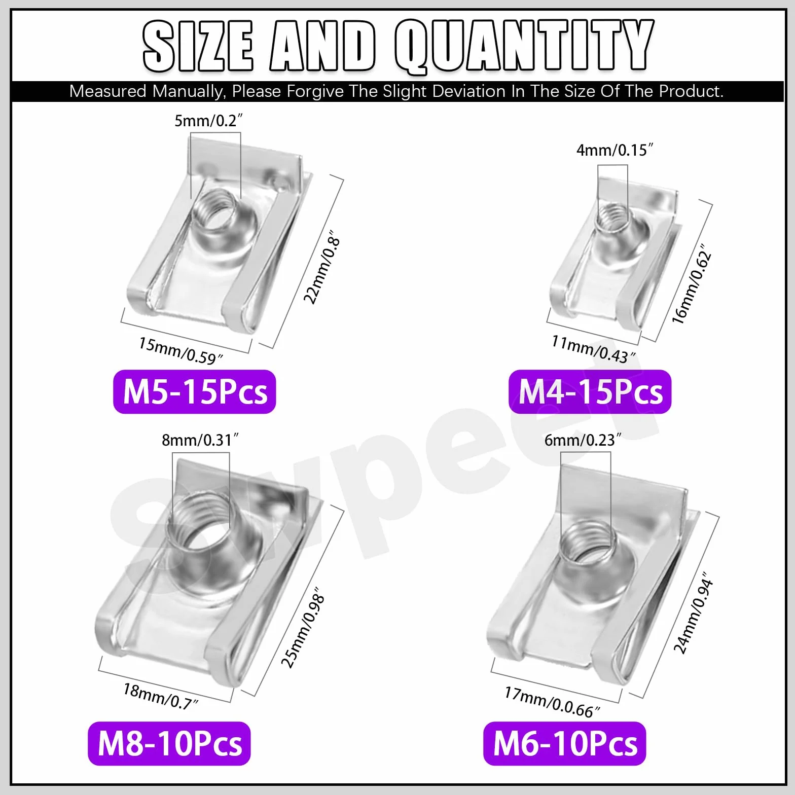Swpeet Kit assortito 50 clip a U per auto acciaio inox 304 M4 M5 M6 M8 dadi fissaggio pannelli interni cruscotto
